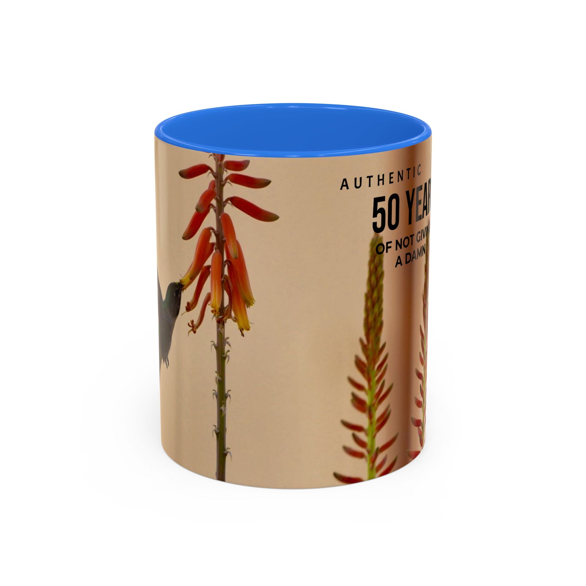 50 Years of Not Giving a Damn Mug — Vintage Floral Hummingbird Coffee Cup (11oz, 15oz)