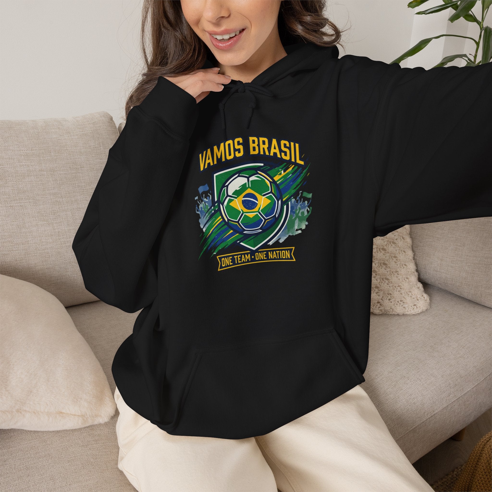 VAMOS BRASIL Retro Soccer Crest Hoodie — Brazil Flag Country Pride