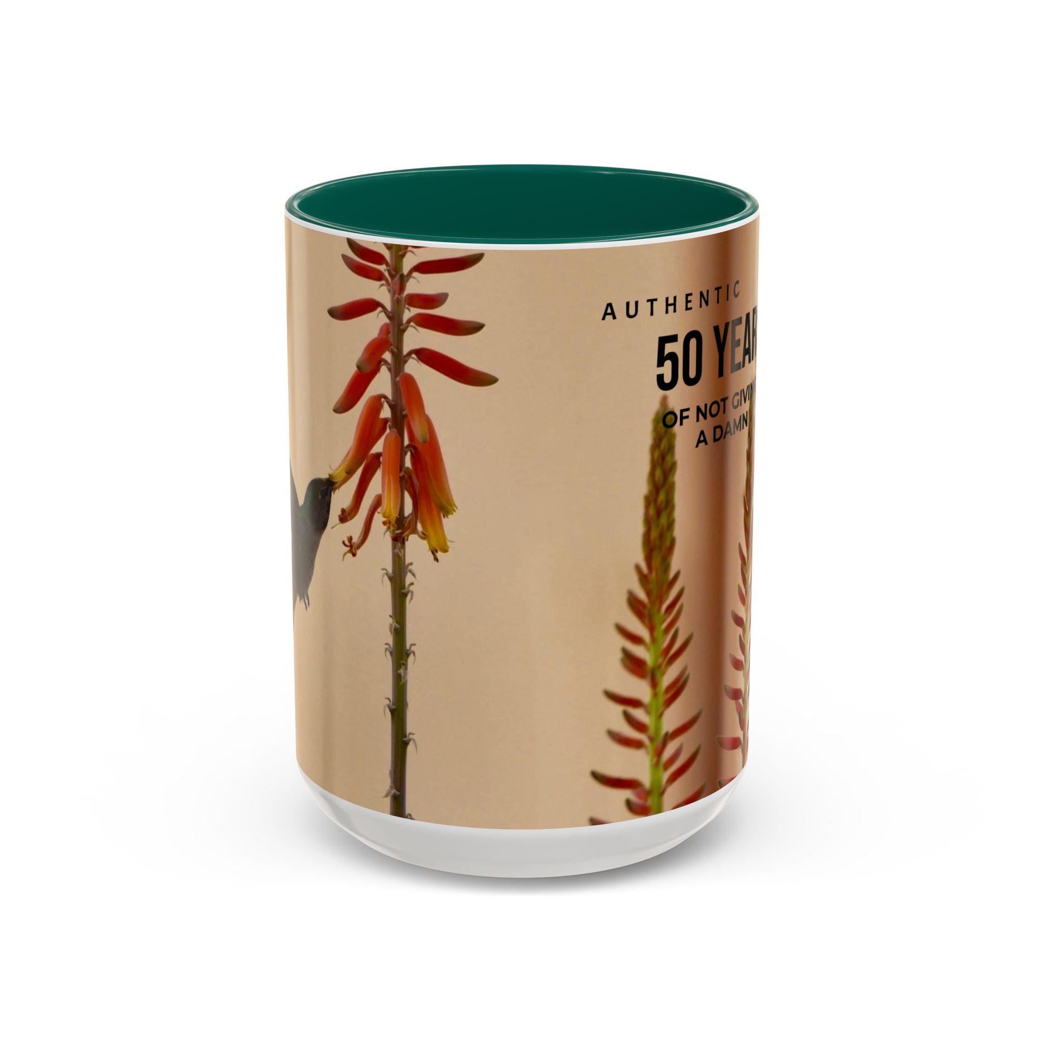 50 Years of Not Giving a Damn Mug — Vintage Floral Hummingbird Coffee Cup (11oz, 15oz)