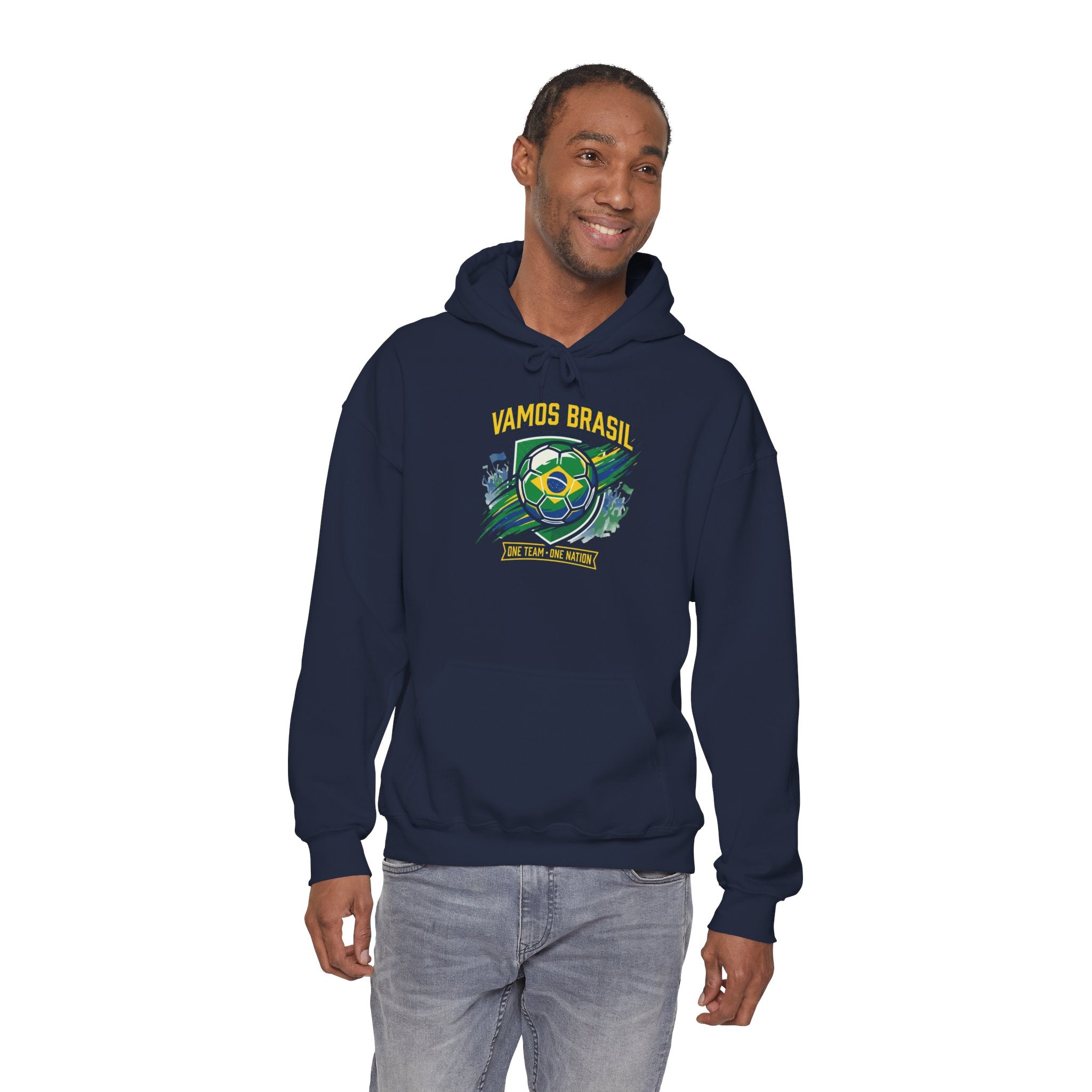 VAMOS BRASIL Retro Soccer Crest Hoodie — Brazil Flag Country Pride