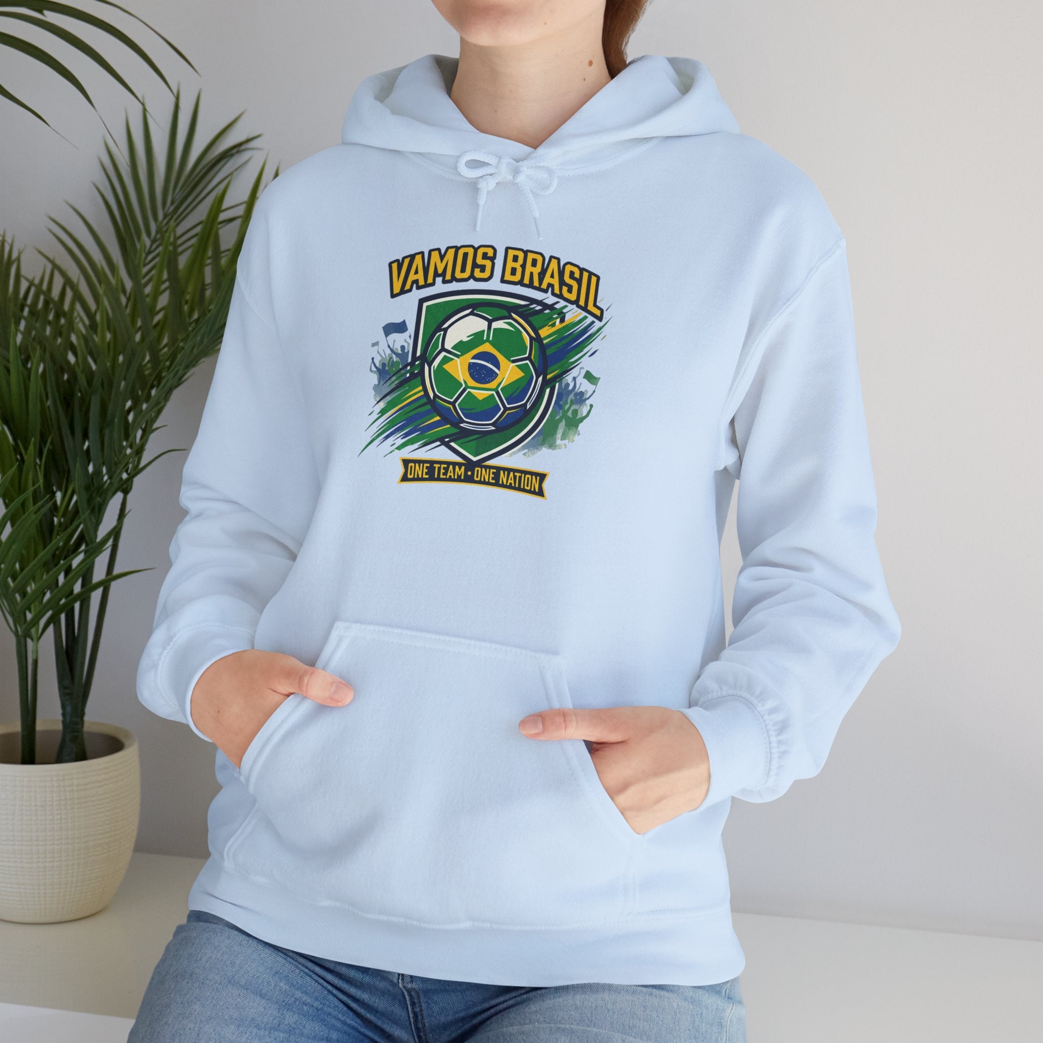 VAMOS BRASIL Retro Soccer Crest Hoodie — Brazil Flag Country Pride