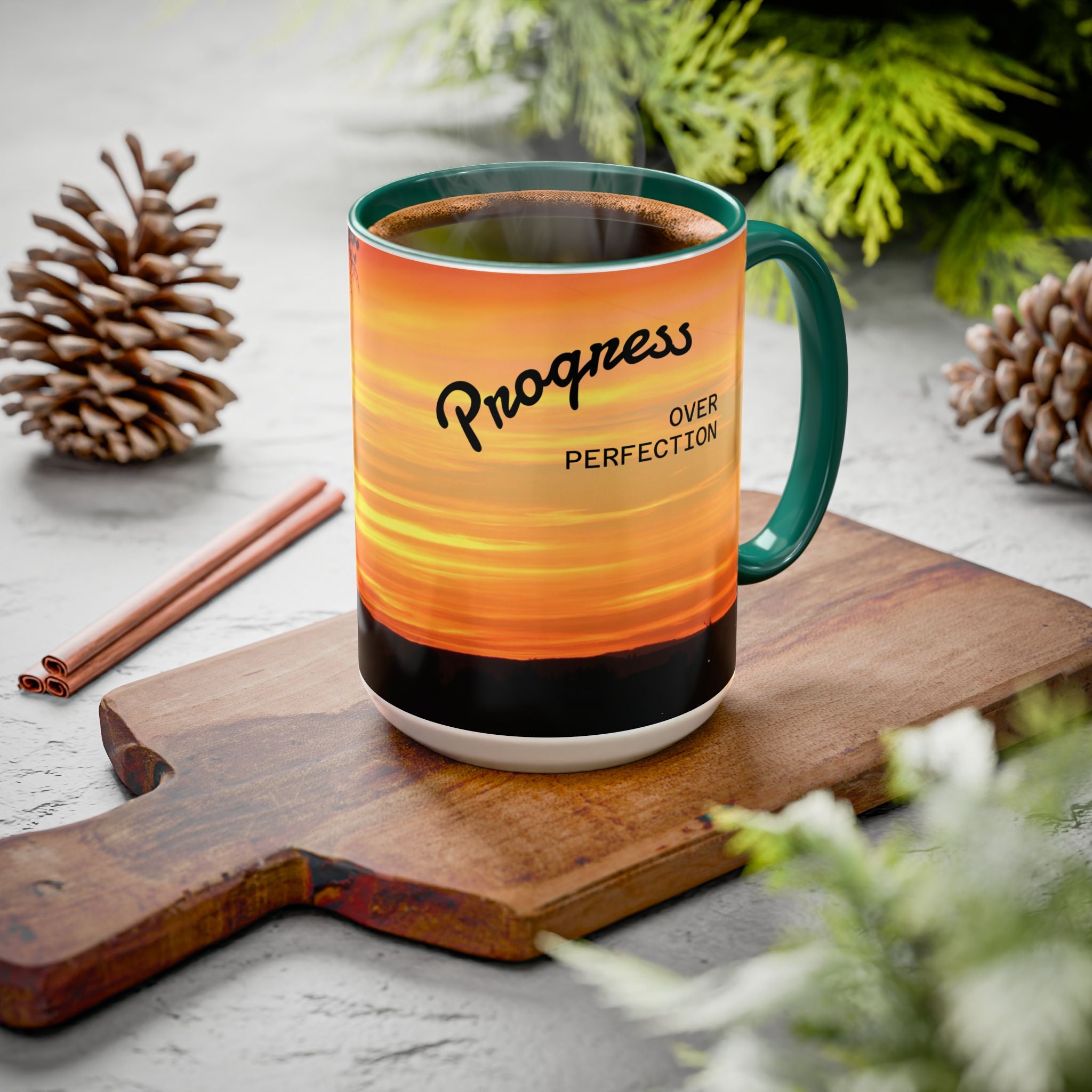 Progress Over Perfection Sunset Mug — Rural NE Oregon Motivational Coffee Cup (11oz/15oz)