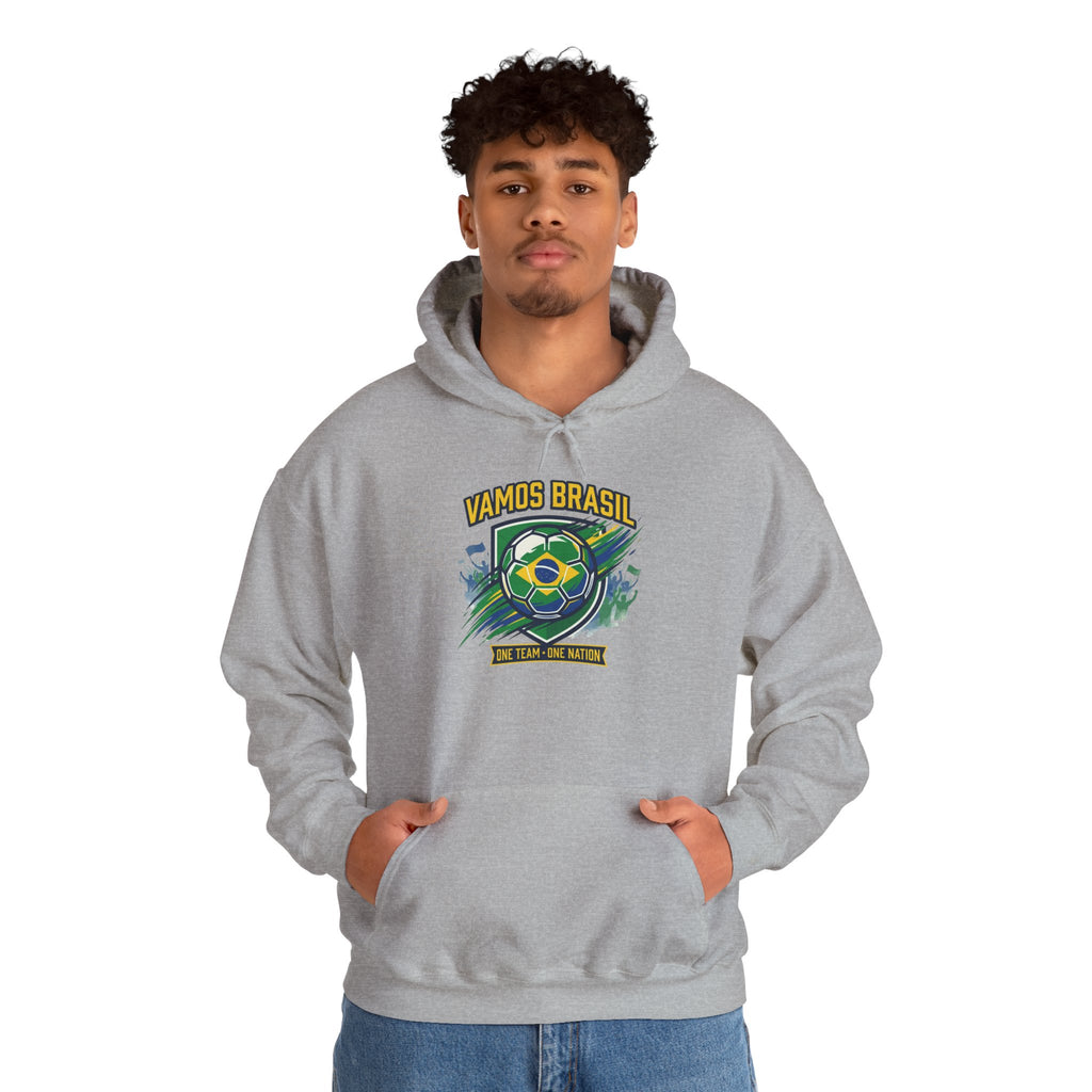 VAMOS BRASIL Retro Soccer Crest Hoodie — Brazil Flag Country Pride