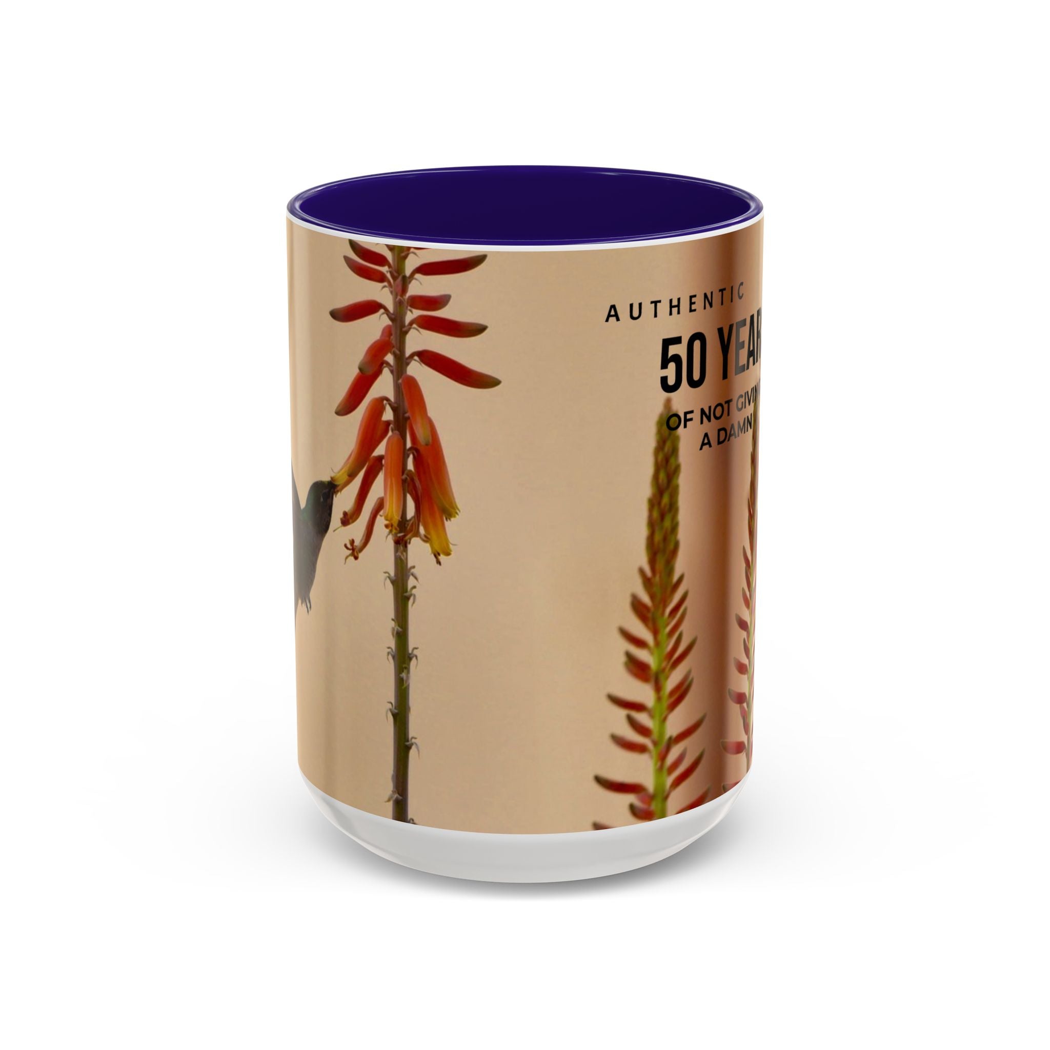 50 Years of Not Giving a Damn Mug — Vintage Floral Hummingbird Coffee Cup (11oz, 15oz)