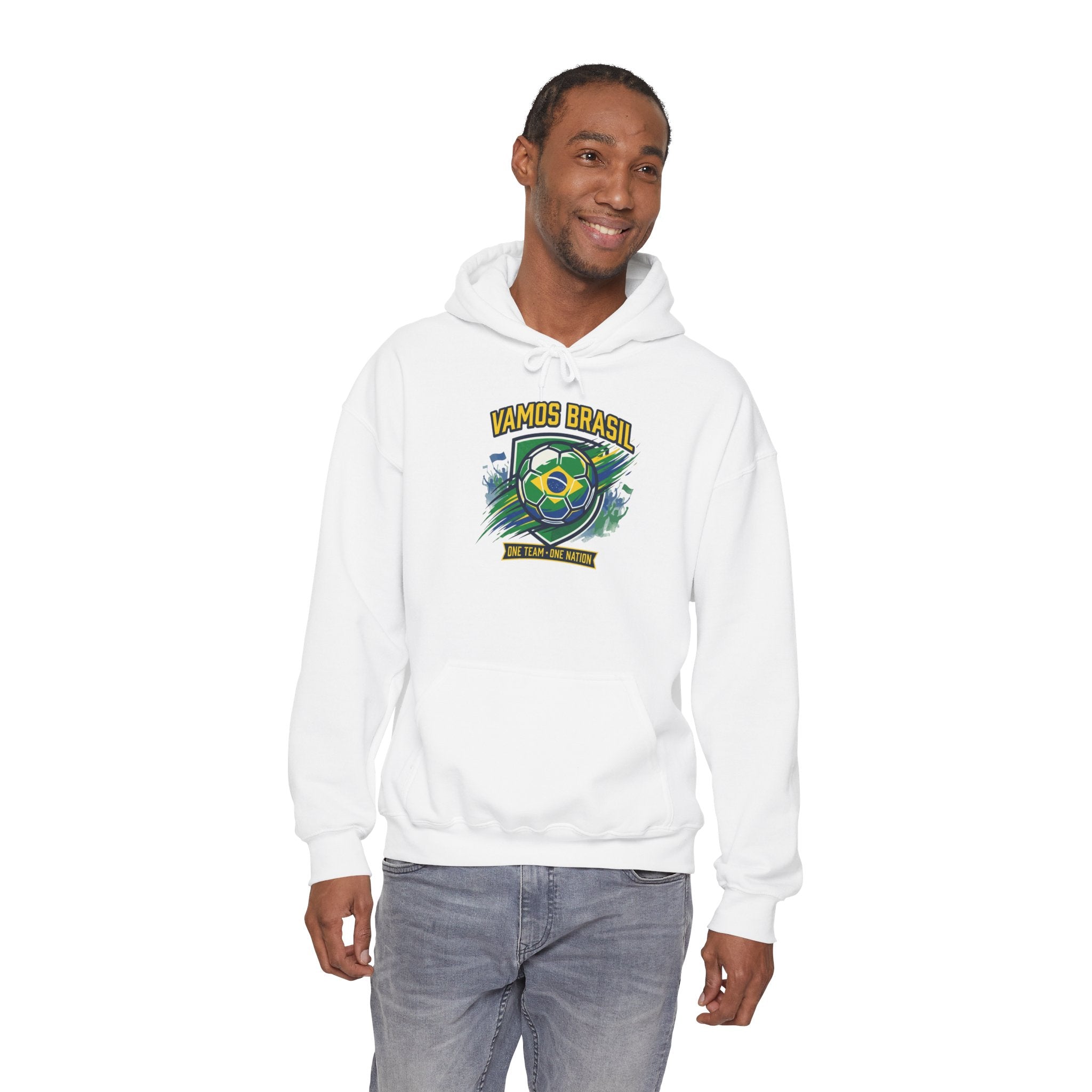 VAMOS BRASIL Retro Soccer Crest Hoodie — Brazil Flag Country Pride