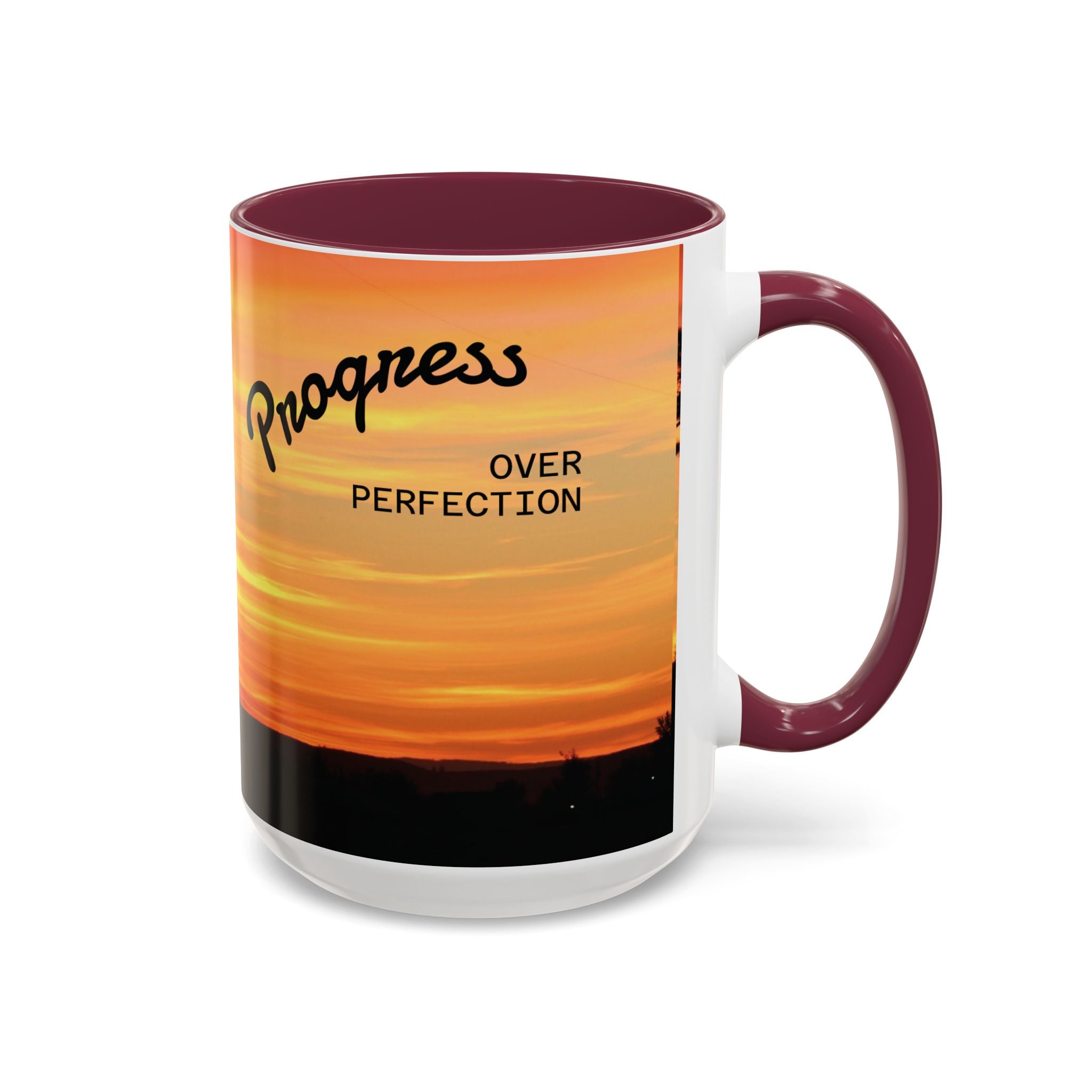 Progress Over Perfection Sunset Mug — Rural NE Oregon Motivational Coffee Cup (11oz/15oz)