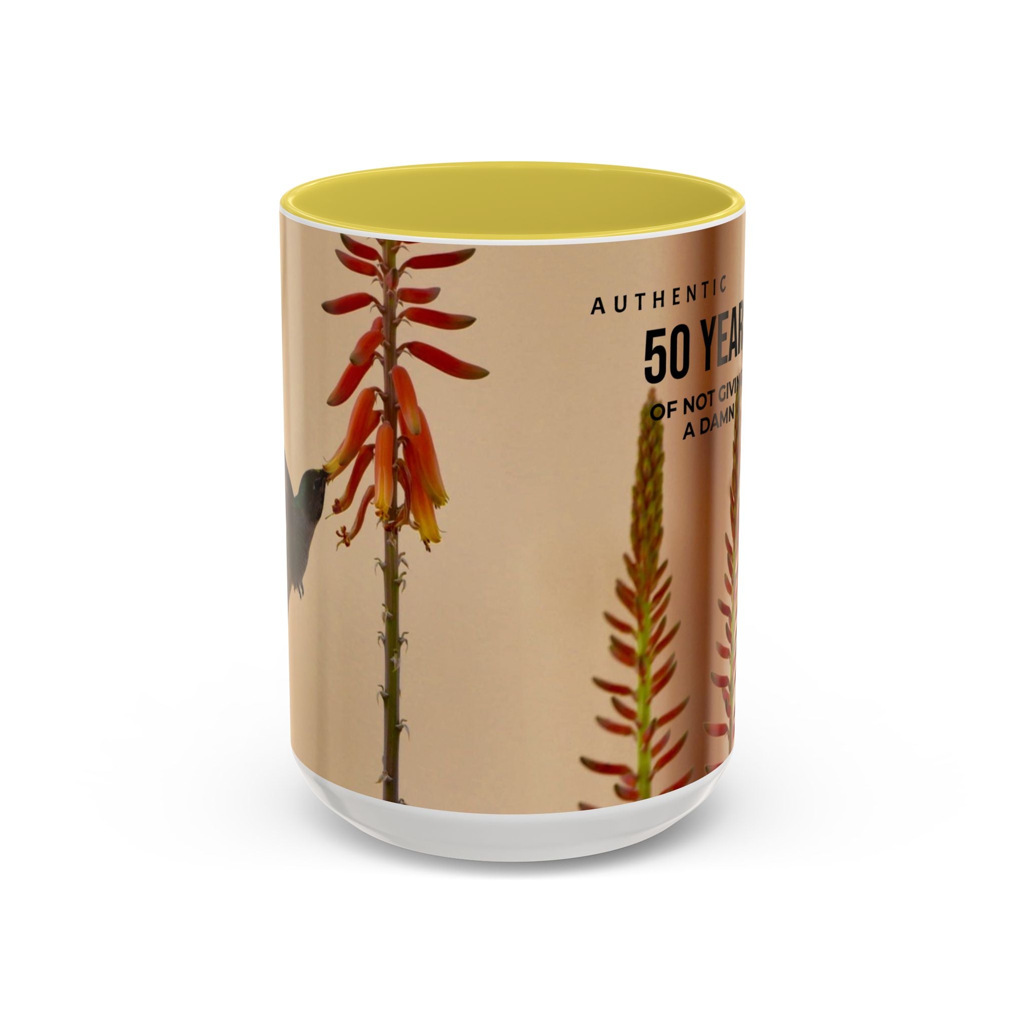 50 Years of Not Giving a Damn Mug — Vintage Floral Hummingbird Coffee Cup (11oz, 15oz)