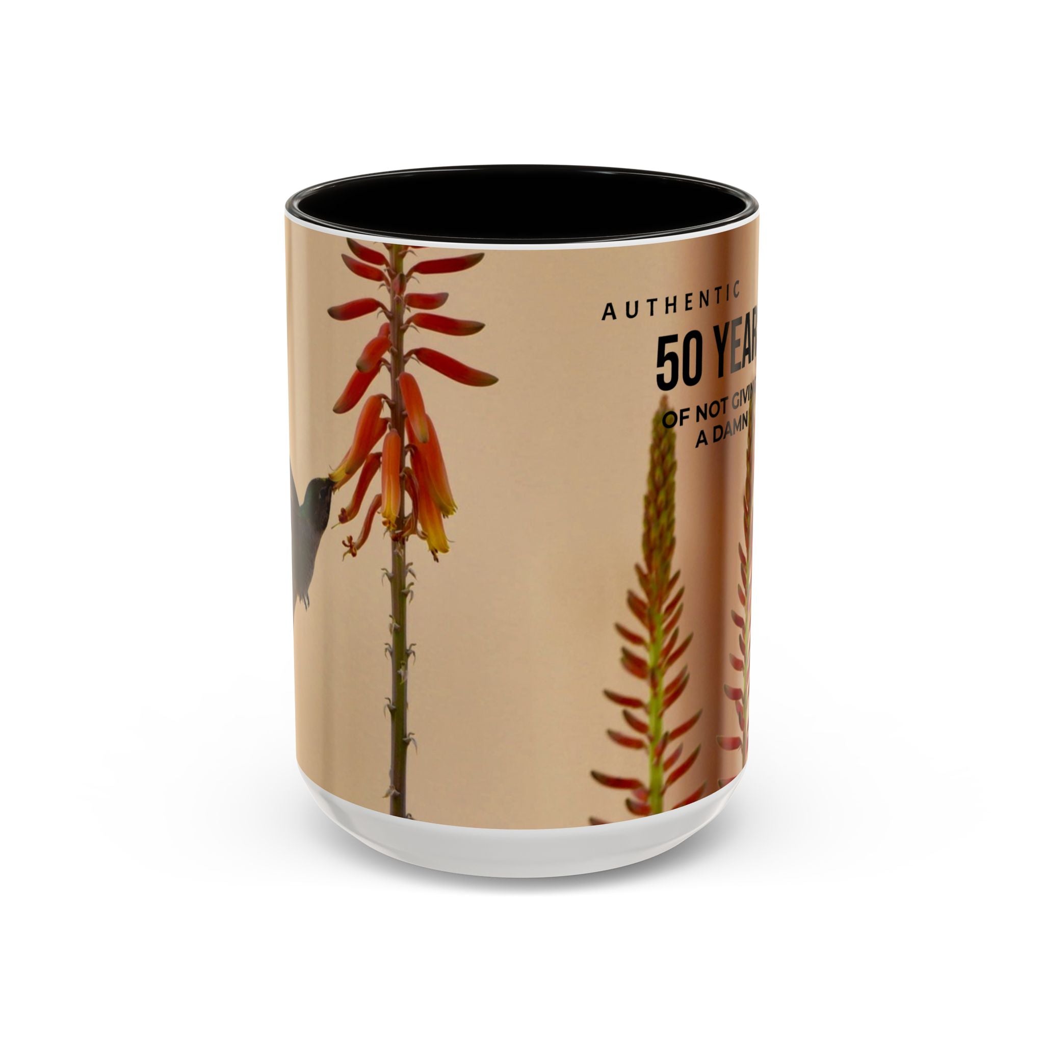 50 Years of Not Giving a Damn Mug — Vintage Floral Hummingbird Coffee Cup (11oz, 15oz)
