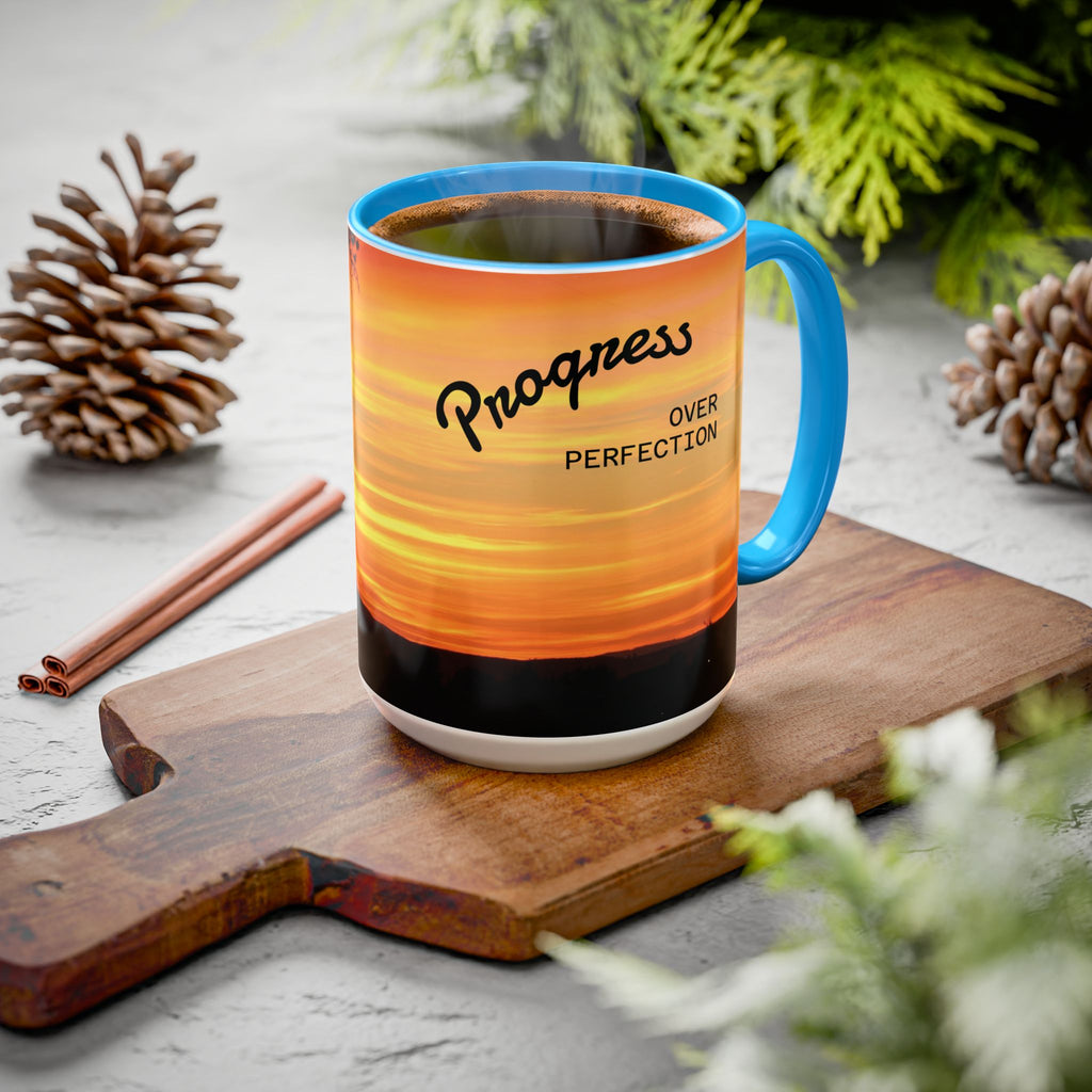 Progress Over Perfection Sunset Mug — Rural NE Oregon Motivational Coffee Cup (11oz/15oz)