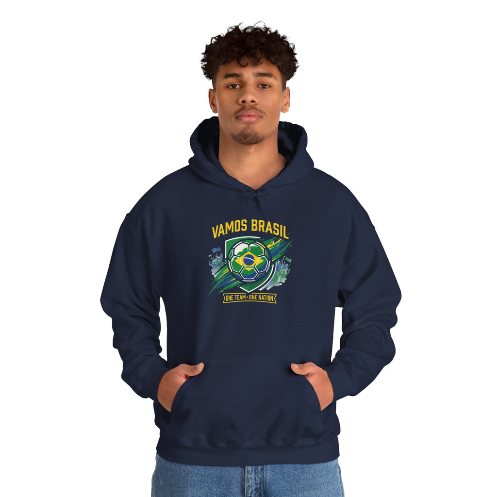 VAMOS BRASIL Retro Soccer Crest Hoodie — Brazil Flag Country Pride