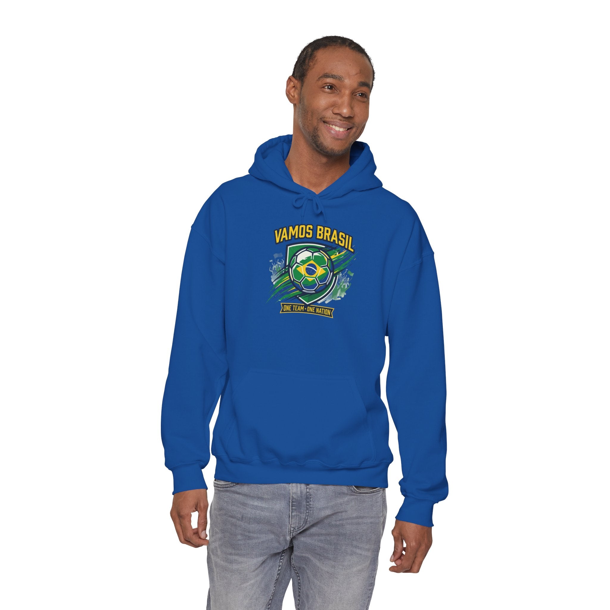 VAMOS BRASIL Retro Soccer Crest Hoodie — Brazil Flag Country Pride