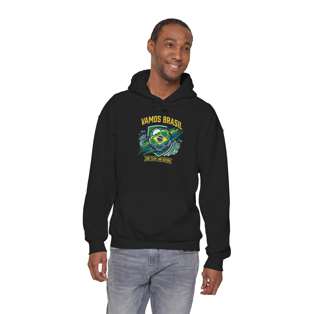 VAMOS BRASIL Retro Soccer Crest Hoodie — Brazil Flag Country Pride