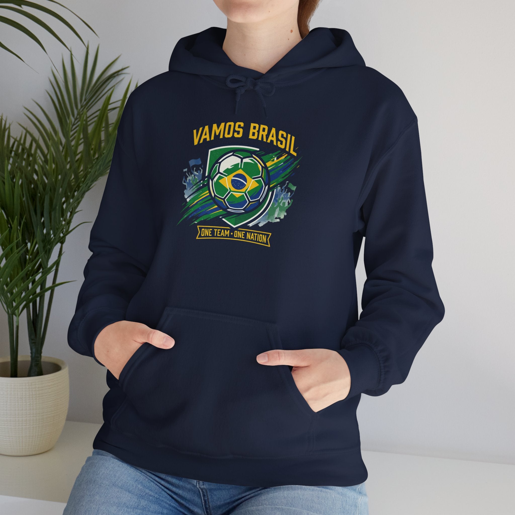 VAMOS BRASIL Retro Soccer Crest Hoodie — Brazil Flag Country Pride