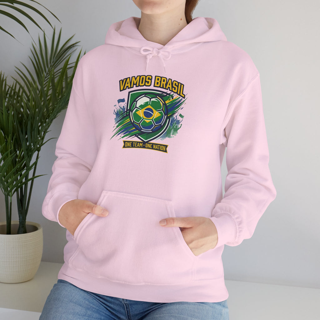 VAMOS BRASIL Retro Soccer Crest Hoodie — Brazil Flag Country Pride