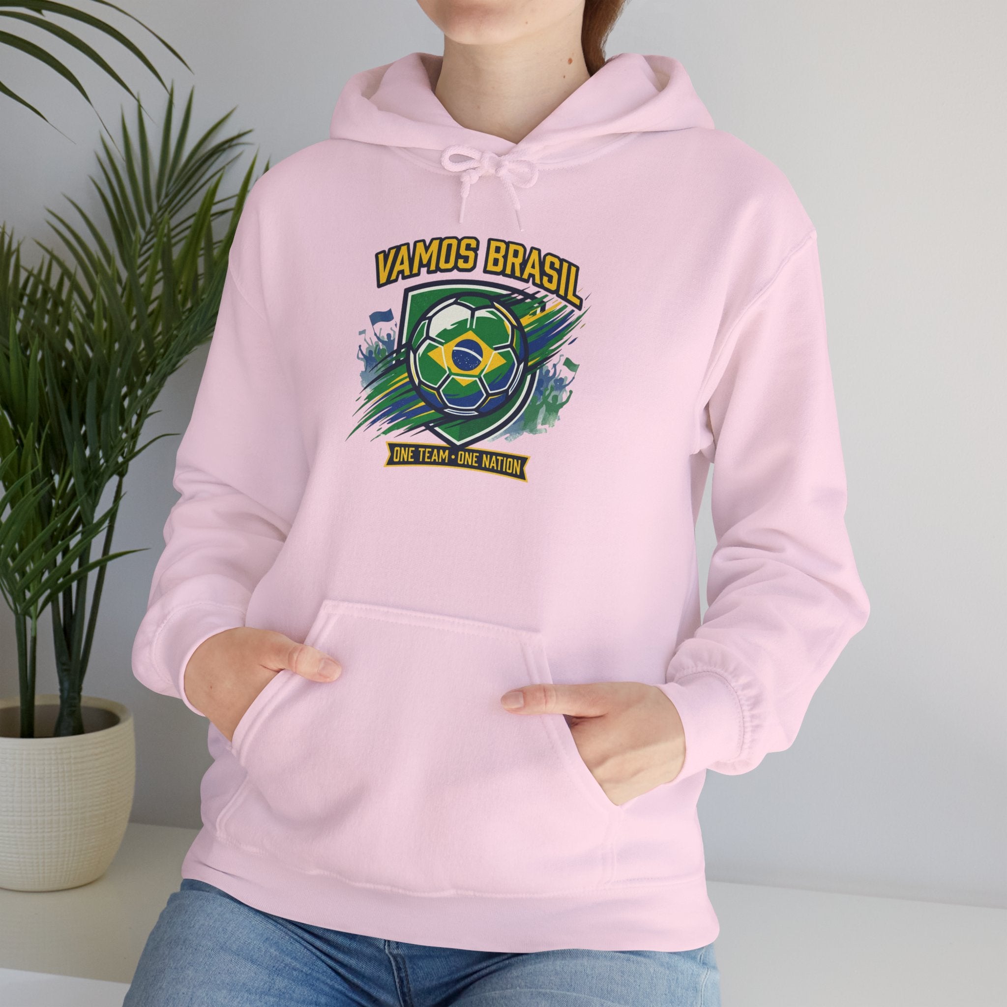 VAMOS BRASIL Retro Soccer Crest Hoodie — Brazil Flag Country Pride