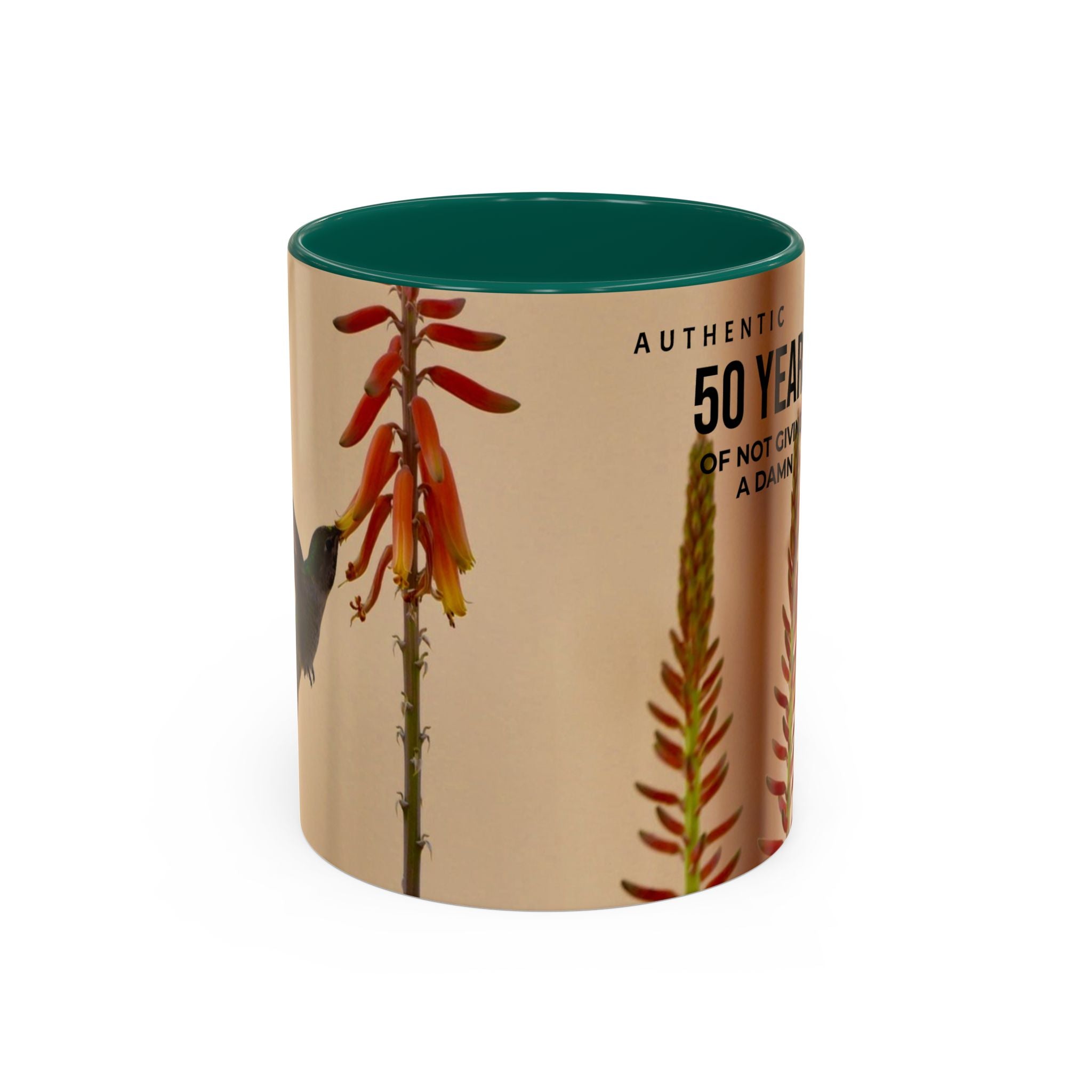 50 Years of Not Giving a Damn Mug — Vintage Floral Hummingbird Coffee Cup (11oz, 15oz)