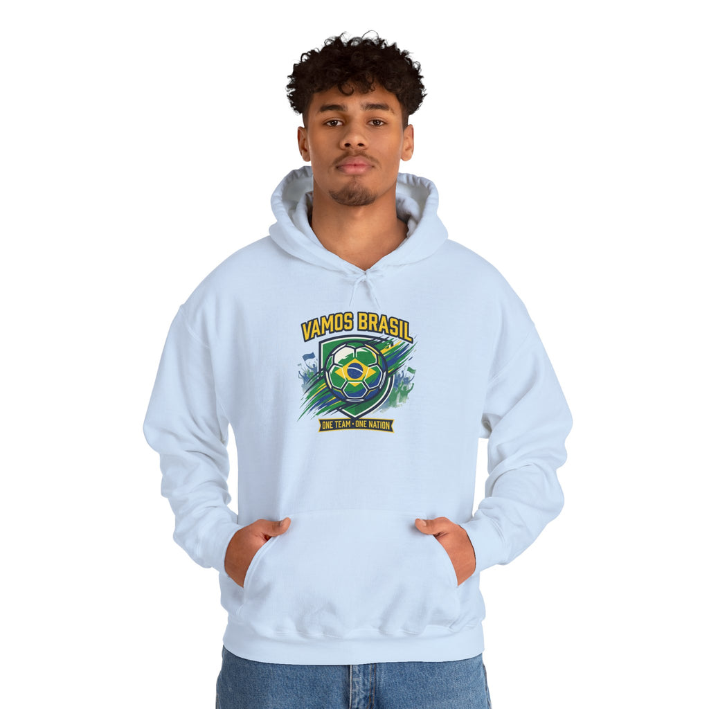 VAMOS BRASIL Retro Soccer Crest Hoodie — Brazil Flag Country Pride