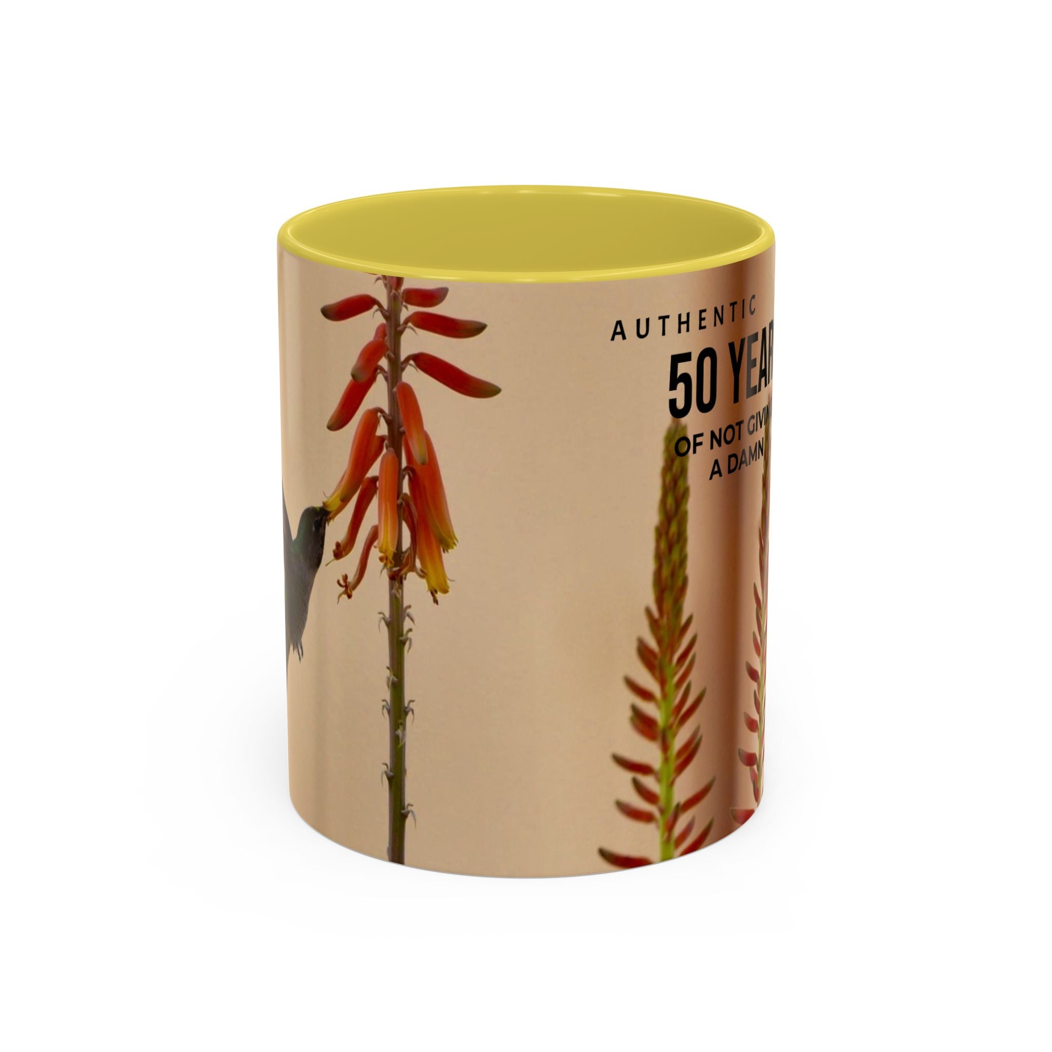 50 Years of Not Giving a Damn Mug — Vintage Floral Hummingbird Coffee Cup (11oz, 15oz)