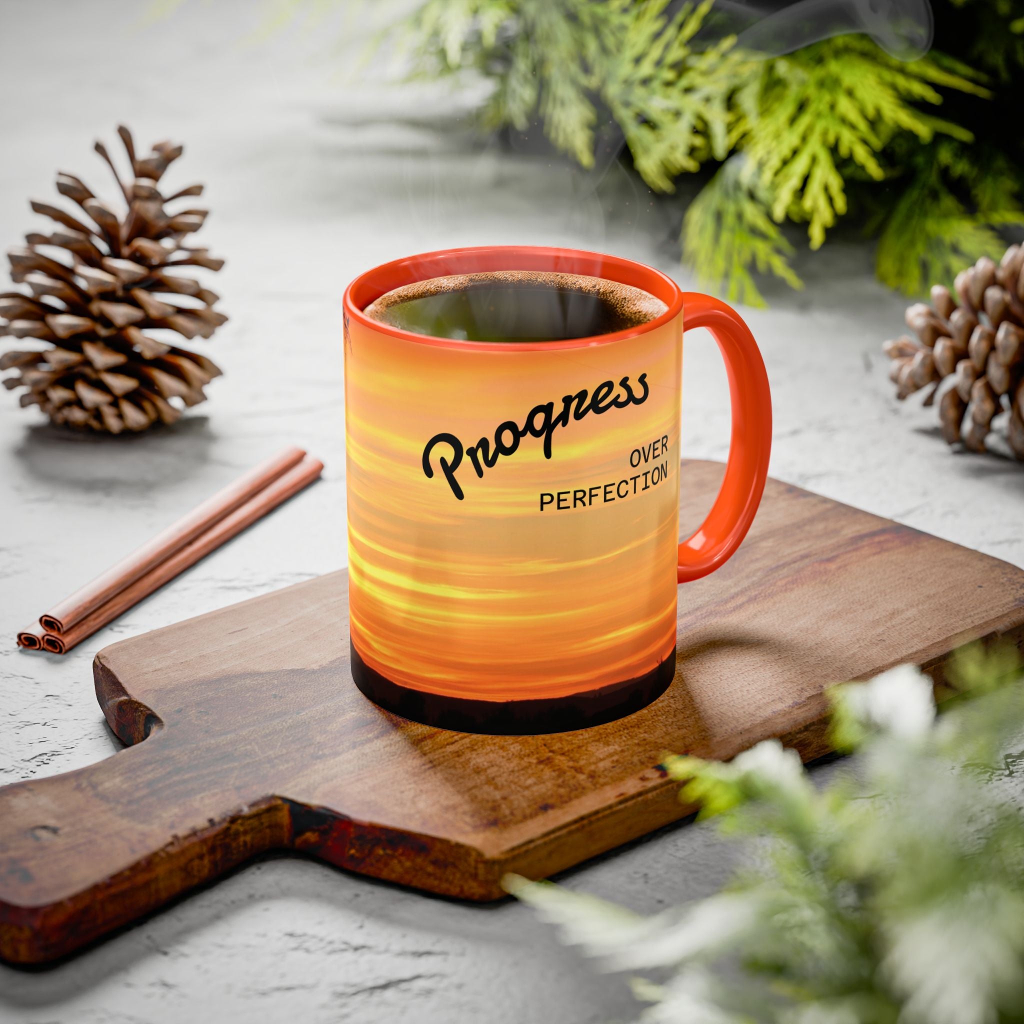 Progress Over Perfection Sunset Mug — Rural NE Oregon Motivational Coffee Cup (11oz/15oz)