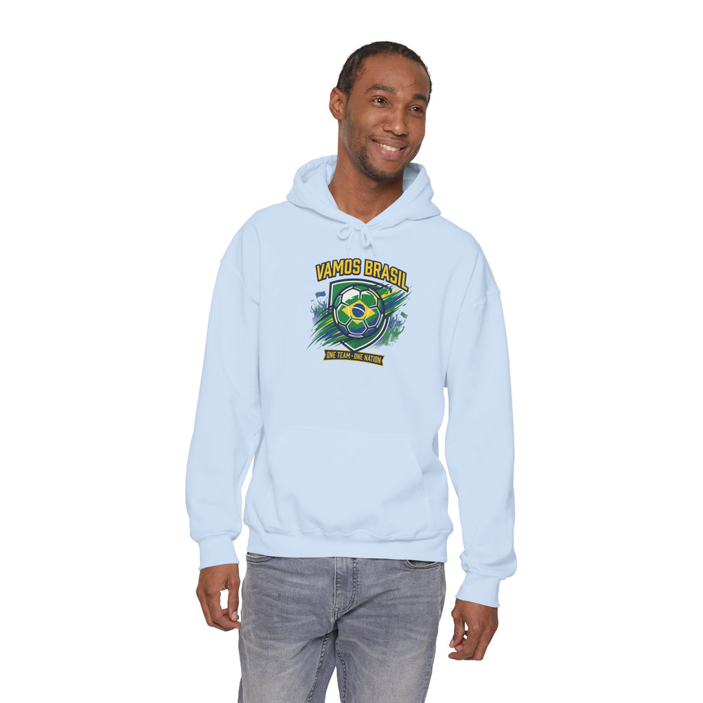 VAMOS BRASIL Retro Soccer Crest Hoodie — Brazil Flag Country Pride