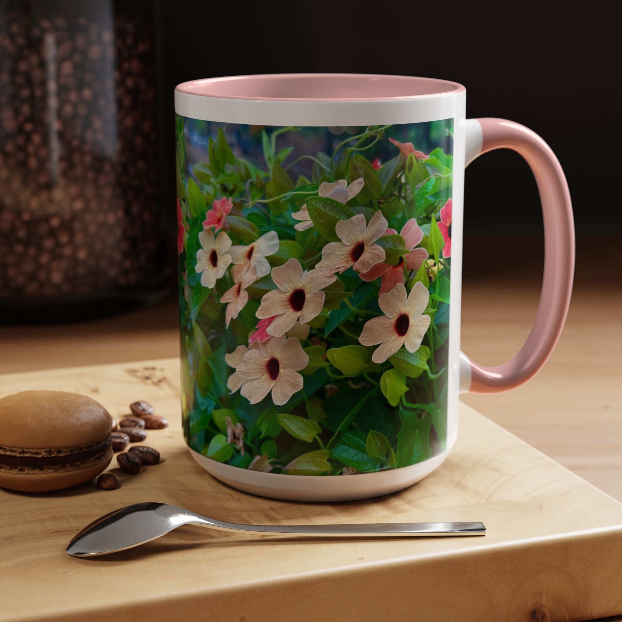 Floral Vinca Accent Coffee Mug — Pink & White Petunia Garden Design (11/15oz)