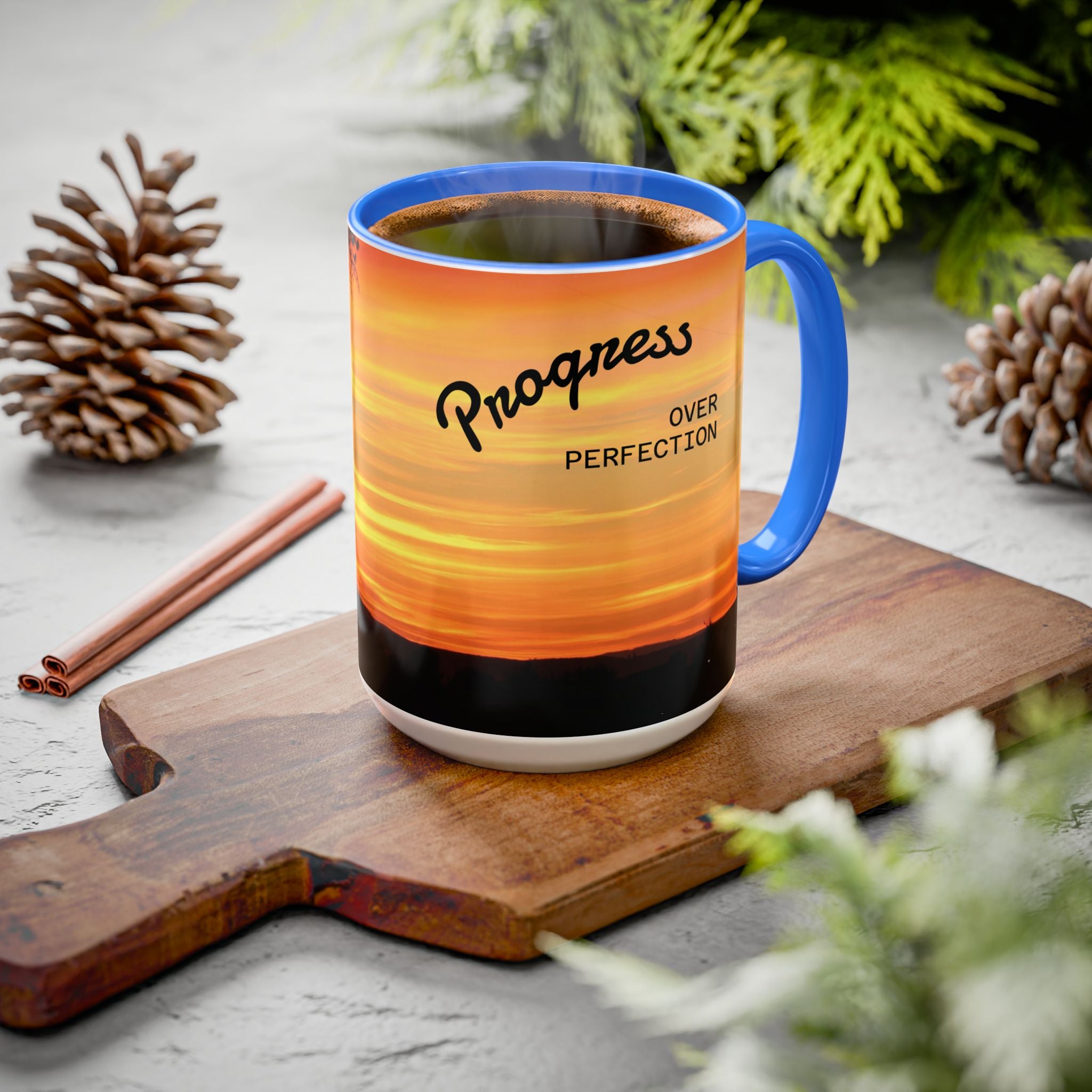 Progress Over Perfection Sunset Mug — Rural NE Oregon Motivational Coffee Cup (11oz/15oz)