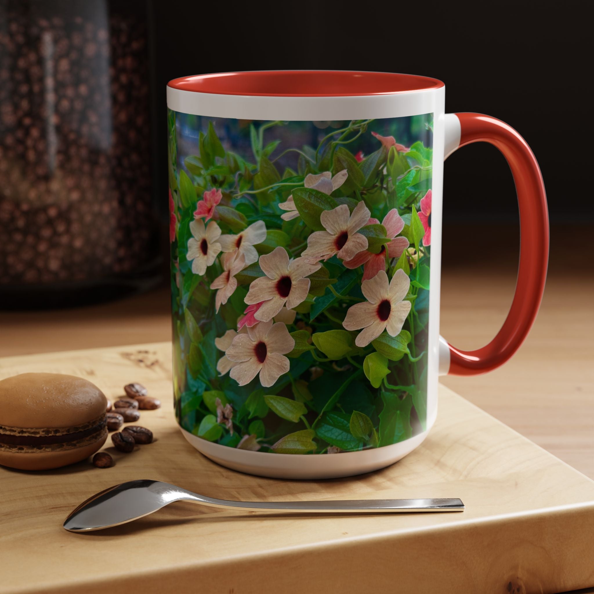 Floral Vinca Accent Coffee Mug — Pink & White Petunia Garden Design (11/15oz)