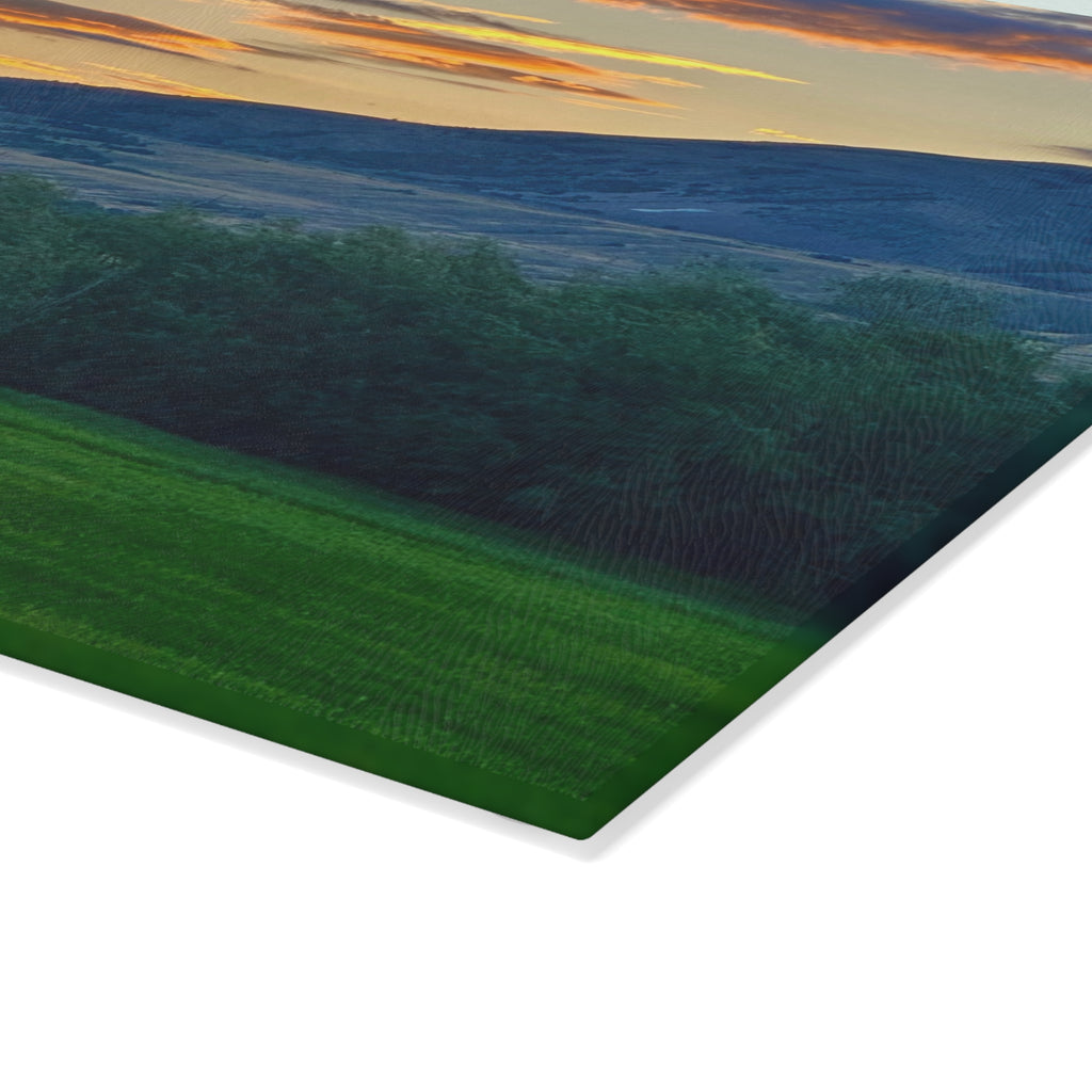 Sunset Valley Glass Cutting Board — Scenic Mountain Landscape Kitchen Decor