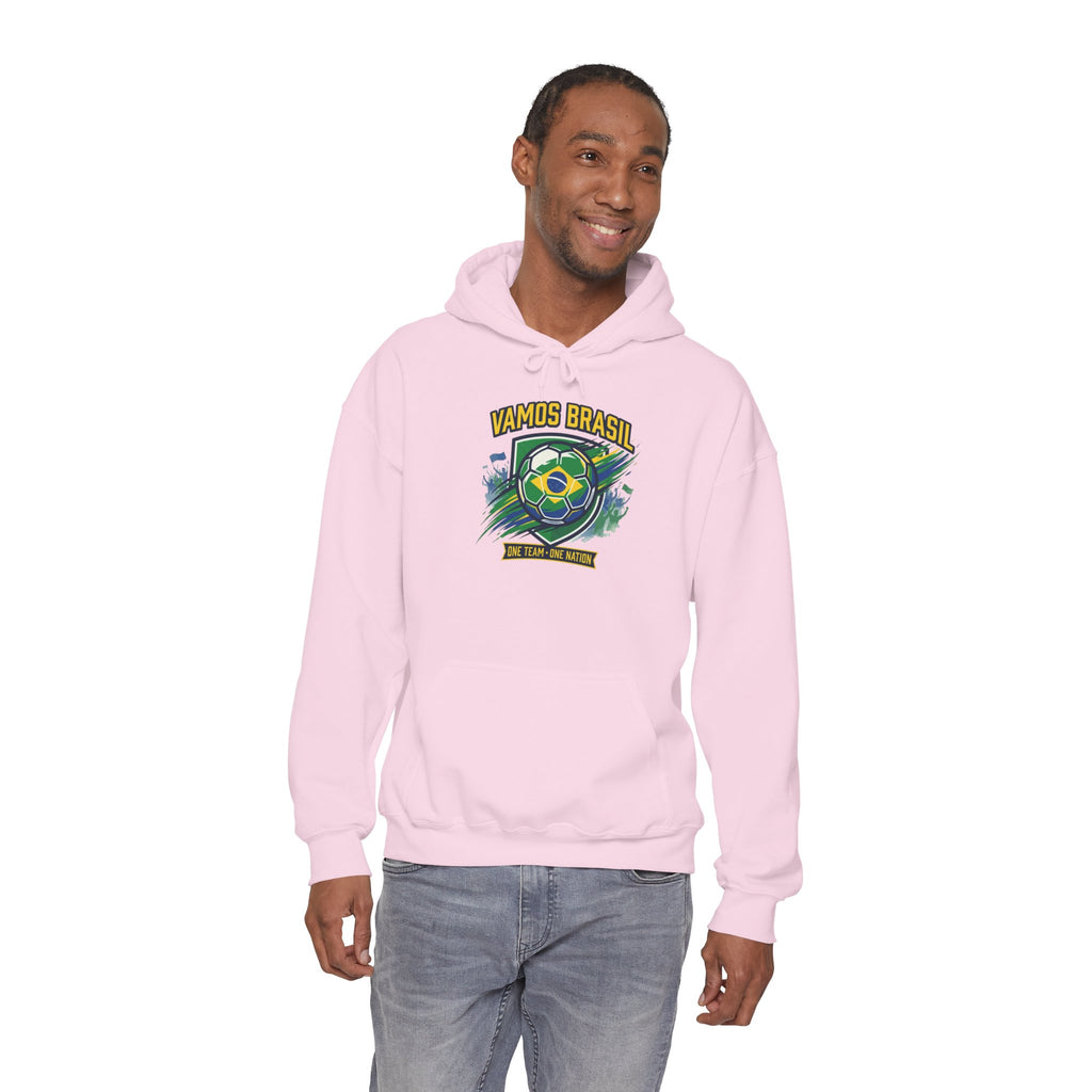 VAMOS BRASIL Retro Soccer Crest Hoodie — Brazil Flag Country Pride