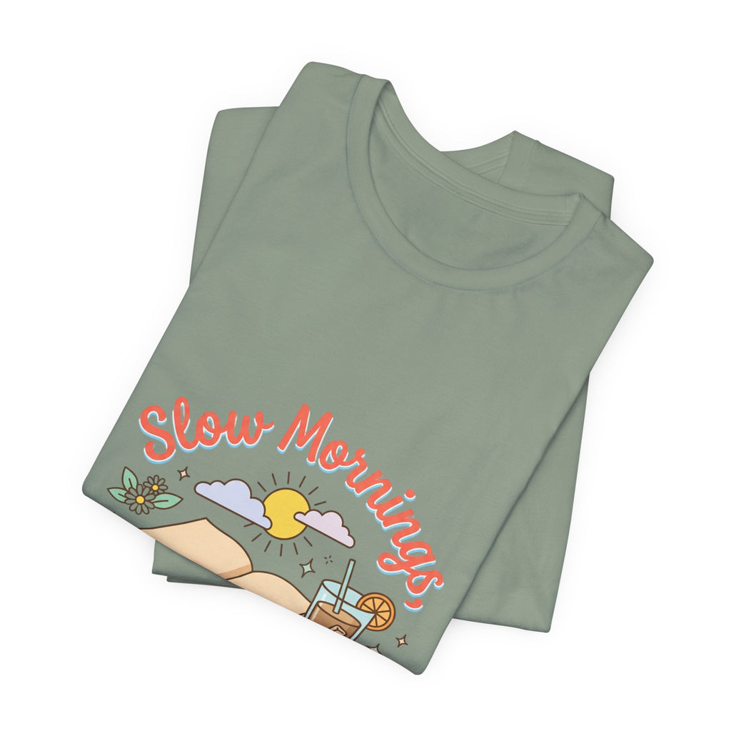 Slow Mornings Summer Pages Tee — Pastel Coastal Summer Shirt