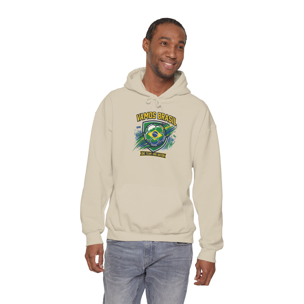 VAMOS BRASIL Retro Soccer Crest Hoodie — Brazil Flag Country Pride