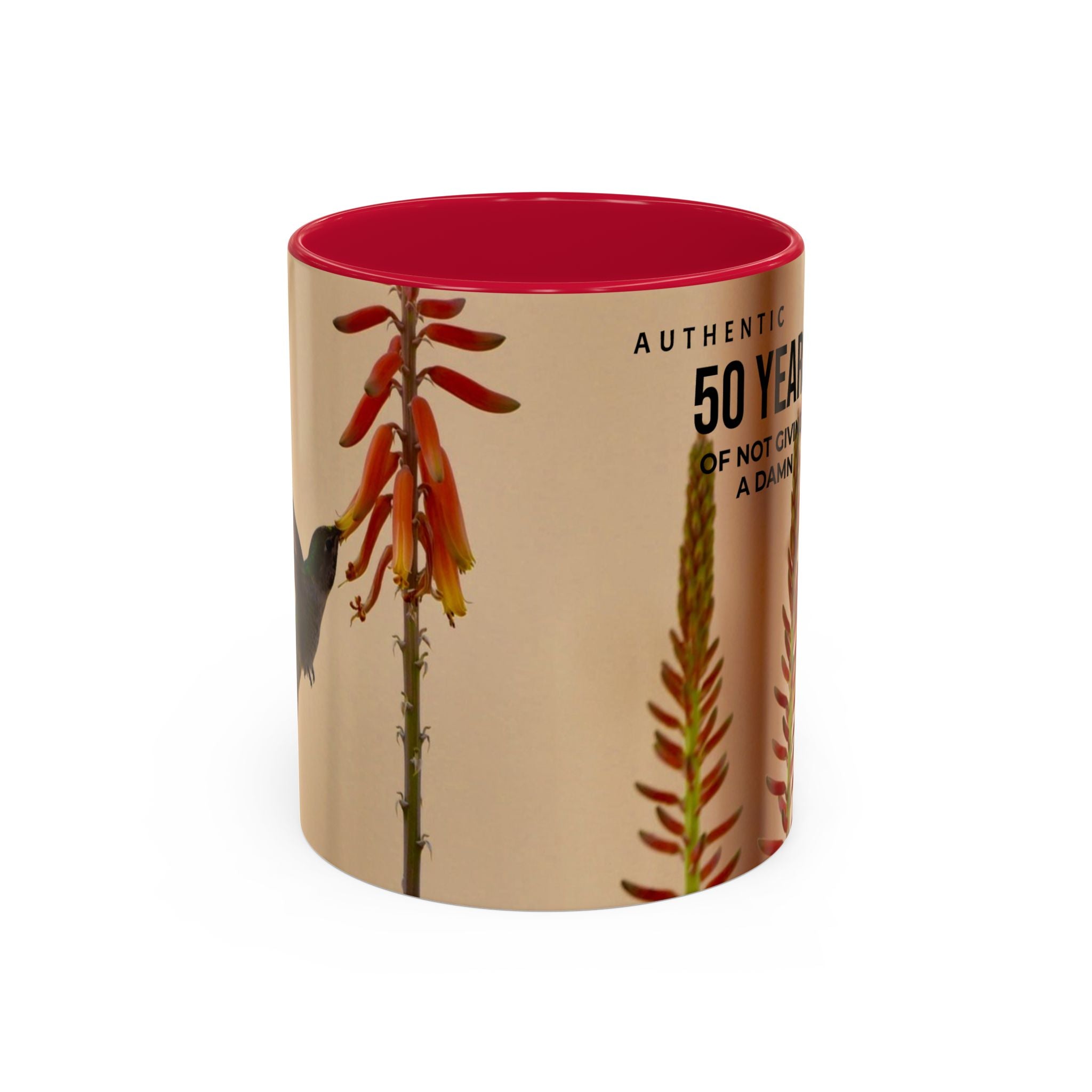 50 Years of Not Giving a Damn Mug — Vintage Floral Hummingbird Coffee Cup (11oz, 15oz)
