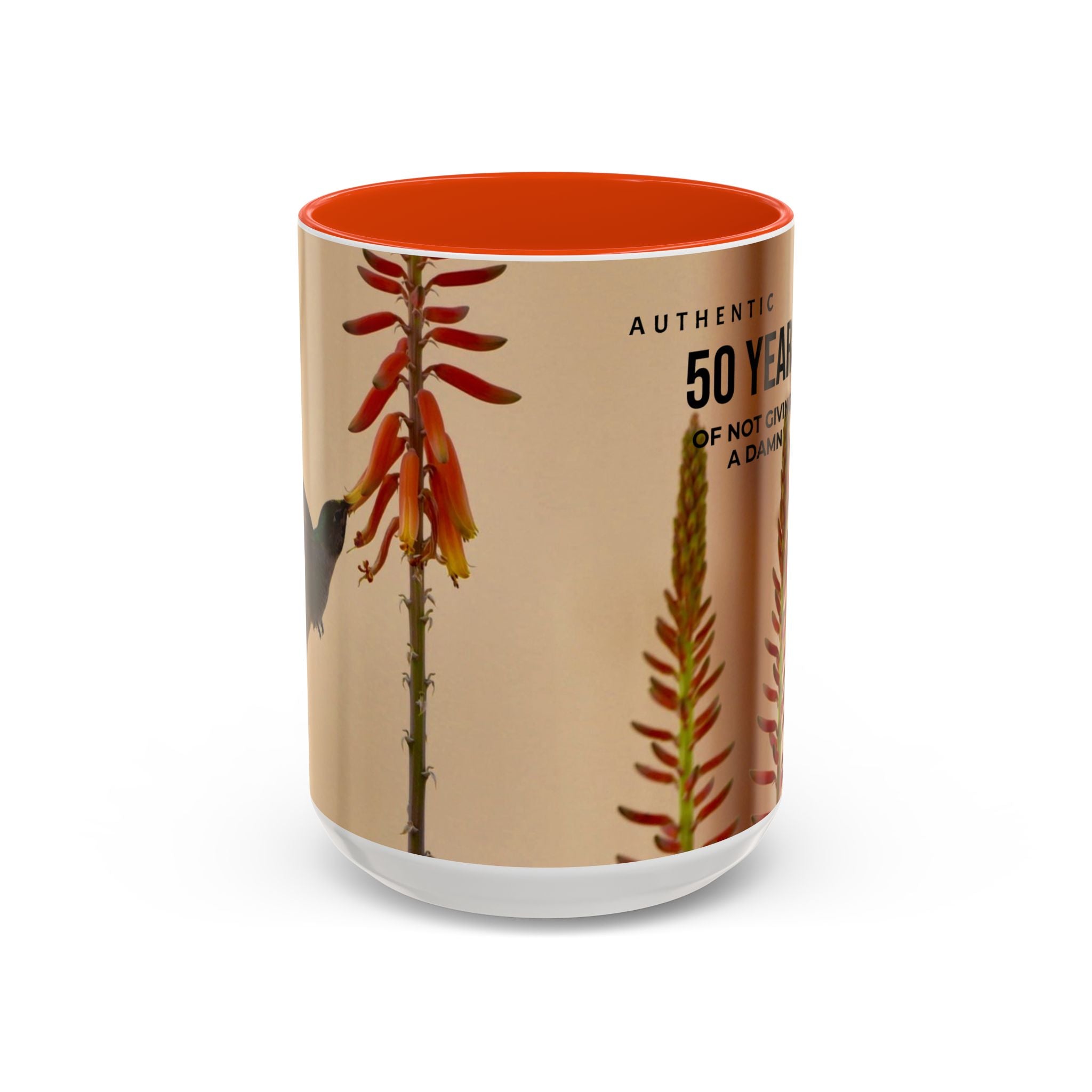 50 Years of Not Giving a Damn Mug — Vintage Floral Hummingbird Coffee Cup (11oz, 15oz)