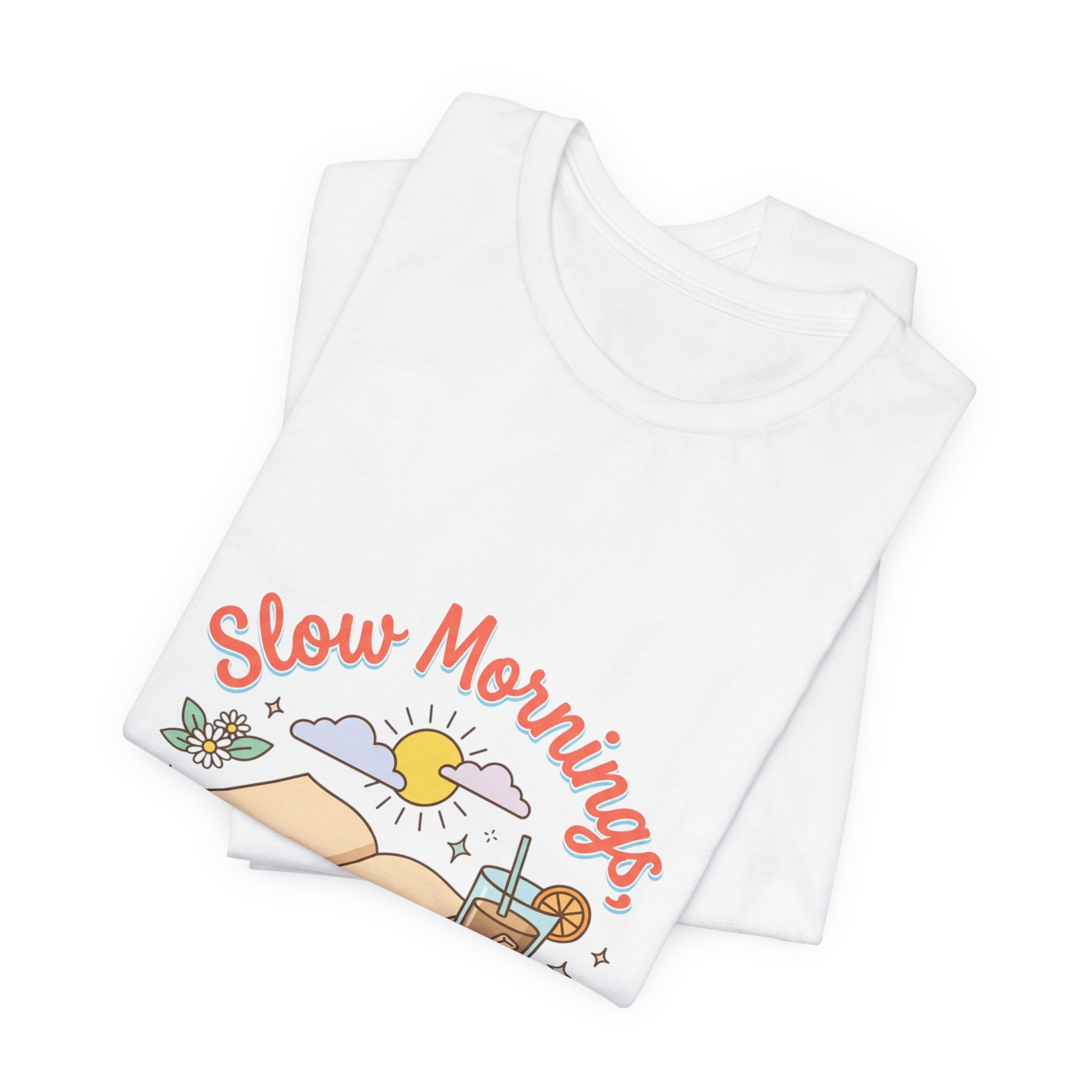 Slow Mornings Summer Pages Tee — Pastel Coastal Summer Shirt