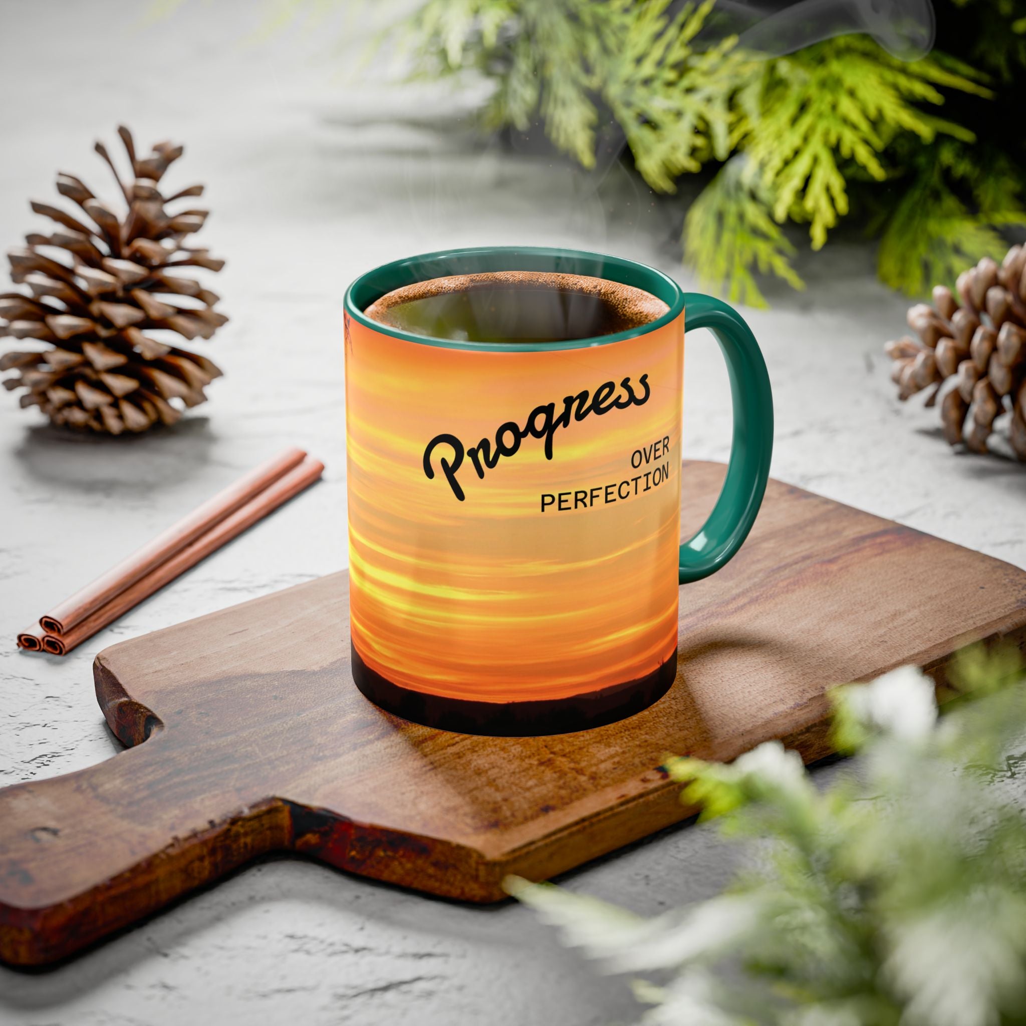 Progress Over Perfection Sunset Mug — Rural NE Oregon Motivational Coffee Cup (11oz/15oz)