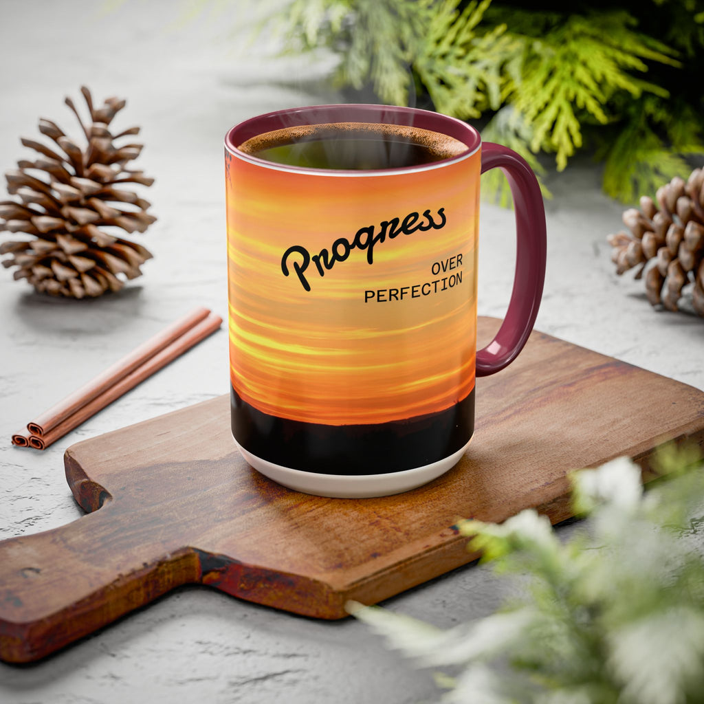 Progress Over Perfection Sunset Mug — Rural NE Oregon Motivational Coffee Cup (11oz/15oz)