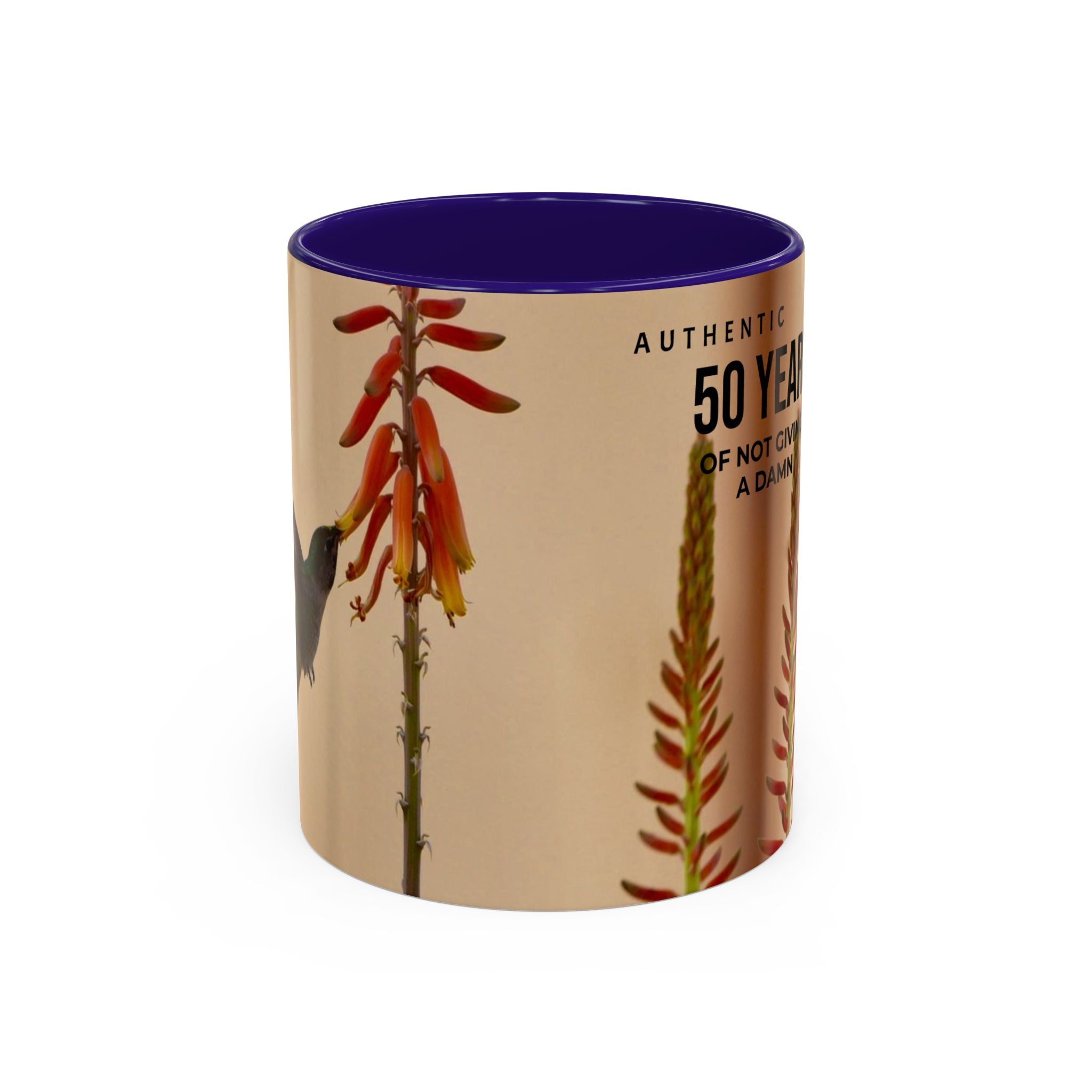 50 Years of Not Giving a Damn Mug — Vintage Floral Hummingbird Coffee Cup (11oz, 15oz)