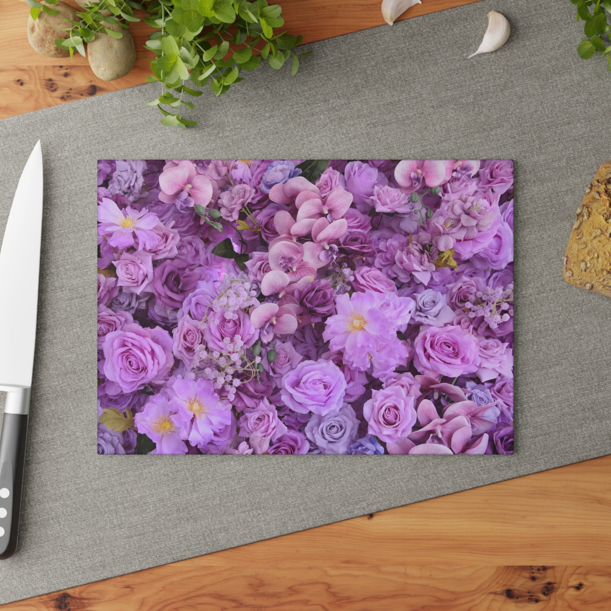 Floral Purple Roses Glass Cutting Board — Decorative Kitchen Chopping Board