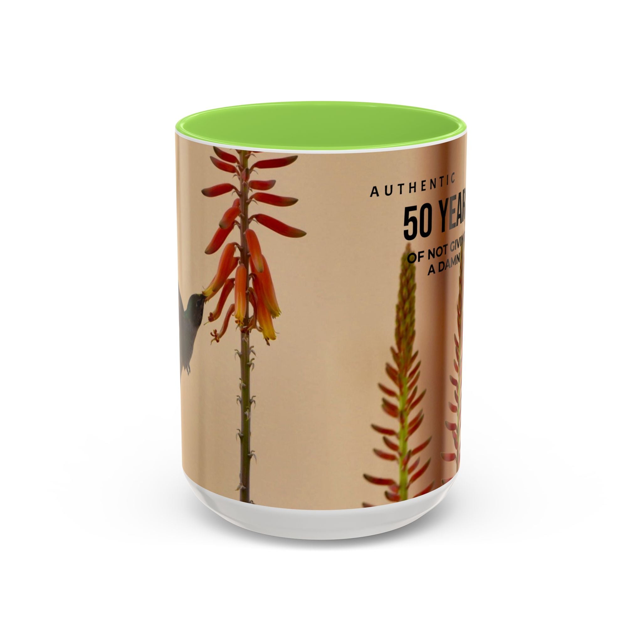 50 Years of Not Giving a Damn Mug — Vintage Floral Hummingbird Coffee Cup (11oz, 15oz)