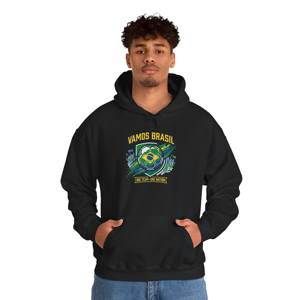 VAMOS BRASIL Retro Soccer Crest Hoodie — Brazil Flag Country Pride