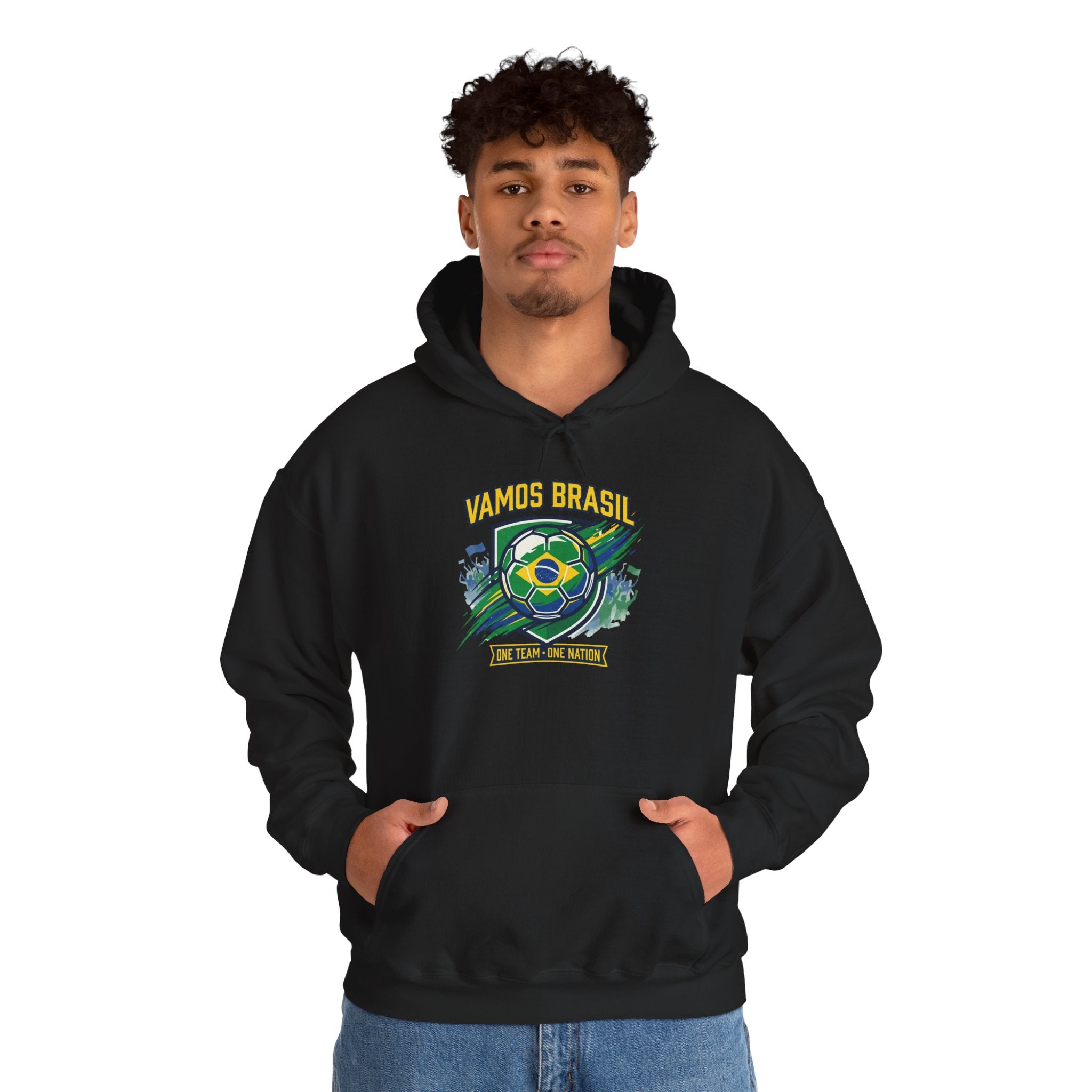 VAMOS BRASIL Retro Soccer Crest Hoodie — Brazil Flag Country Pride