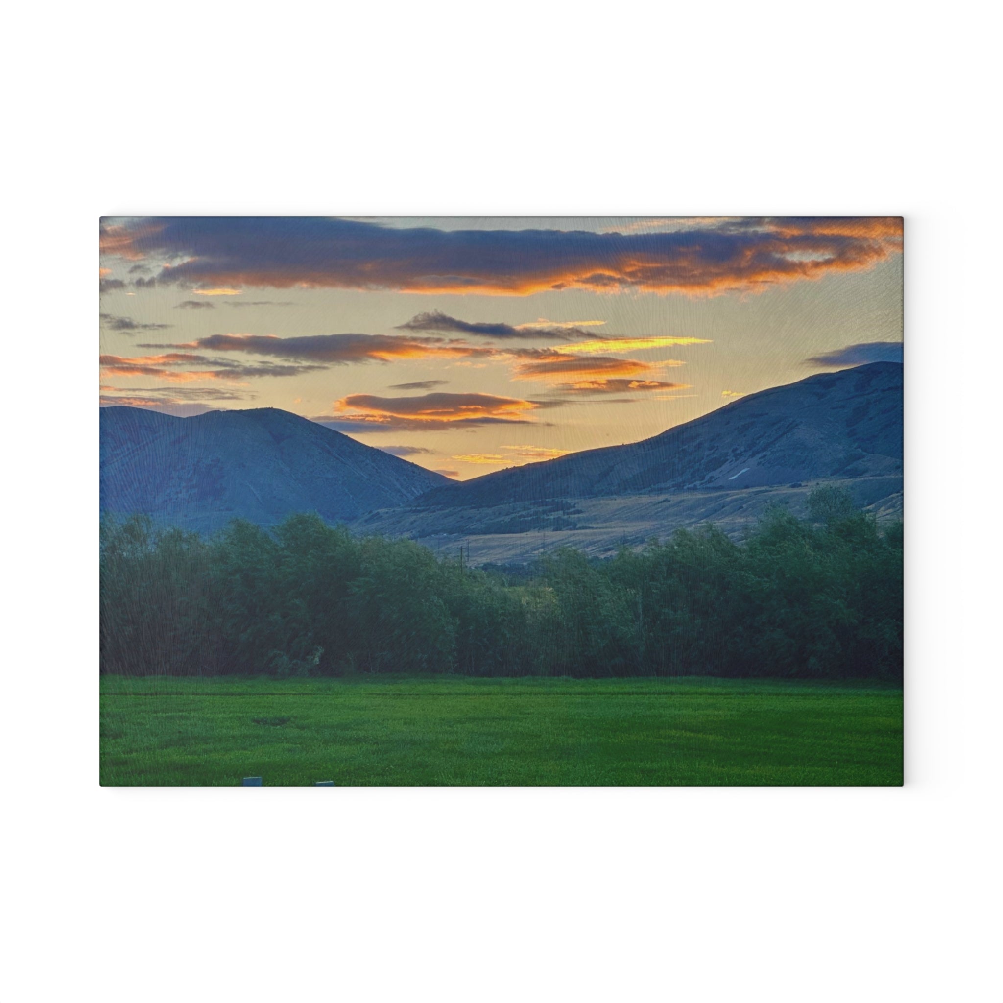 Sunset Valley Glass Cutting Board — Scenic Mountain Landscape Kitchen Decor