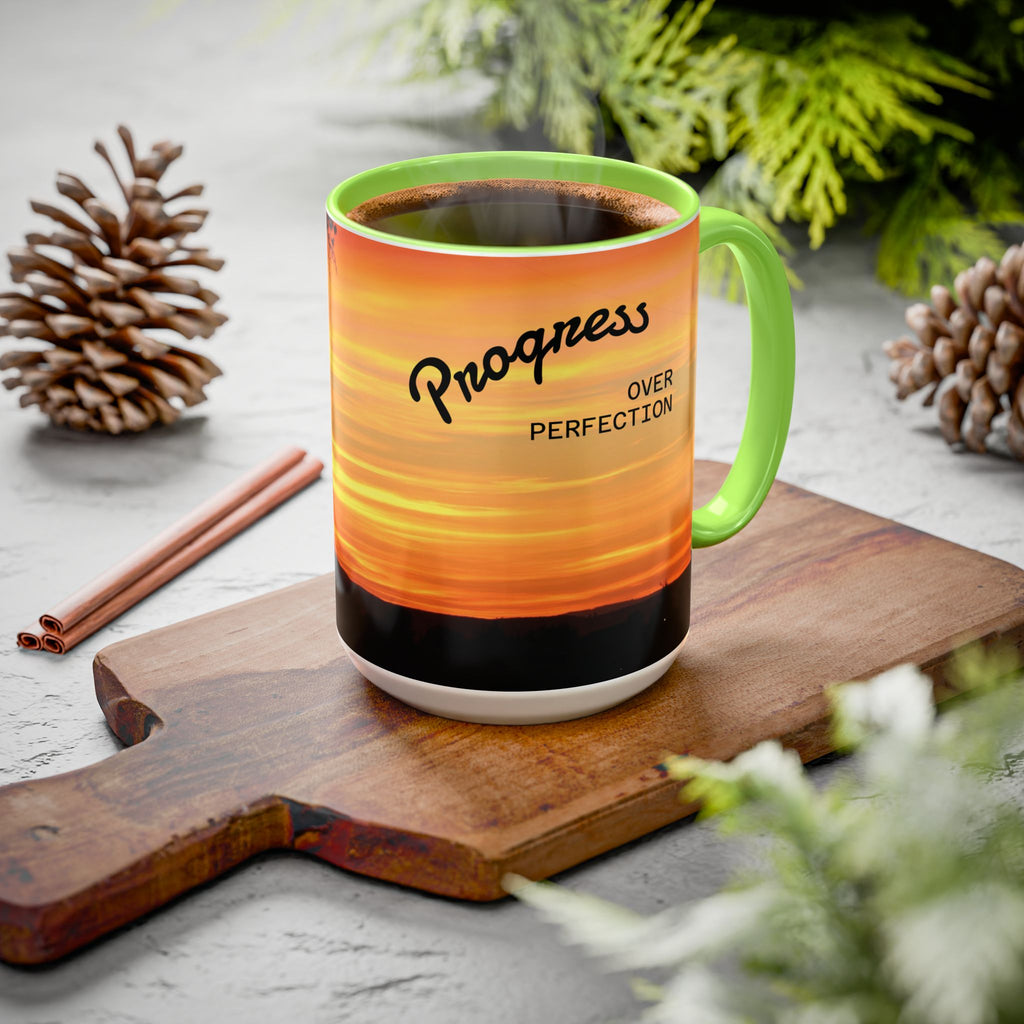 Progress Over Perfection Sunset Mug — Rural NE Oregon Motivational Coffee Cup (11oz/15oz)
