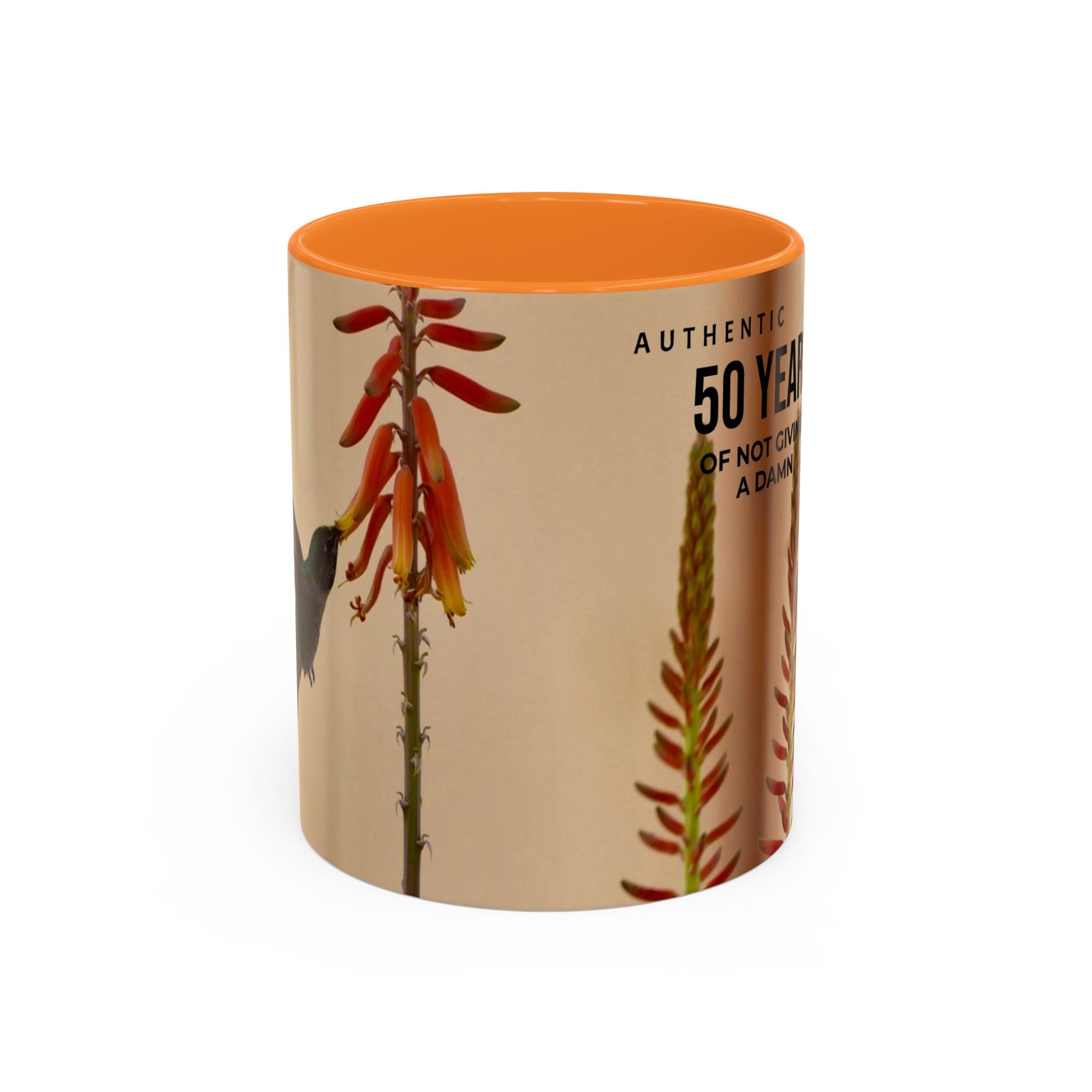 50 Years of Not Giving a Damn Mug — Vintage Floral Hummingbird Coffee Cup (11oz, 15oz)