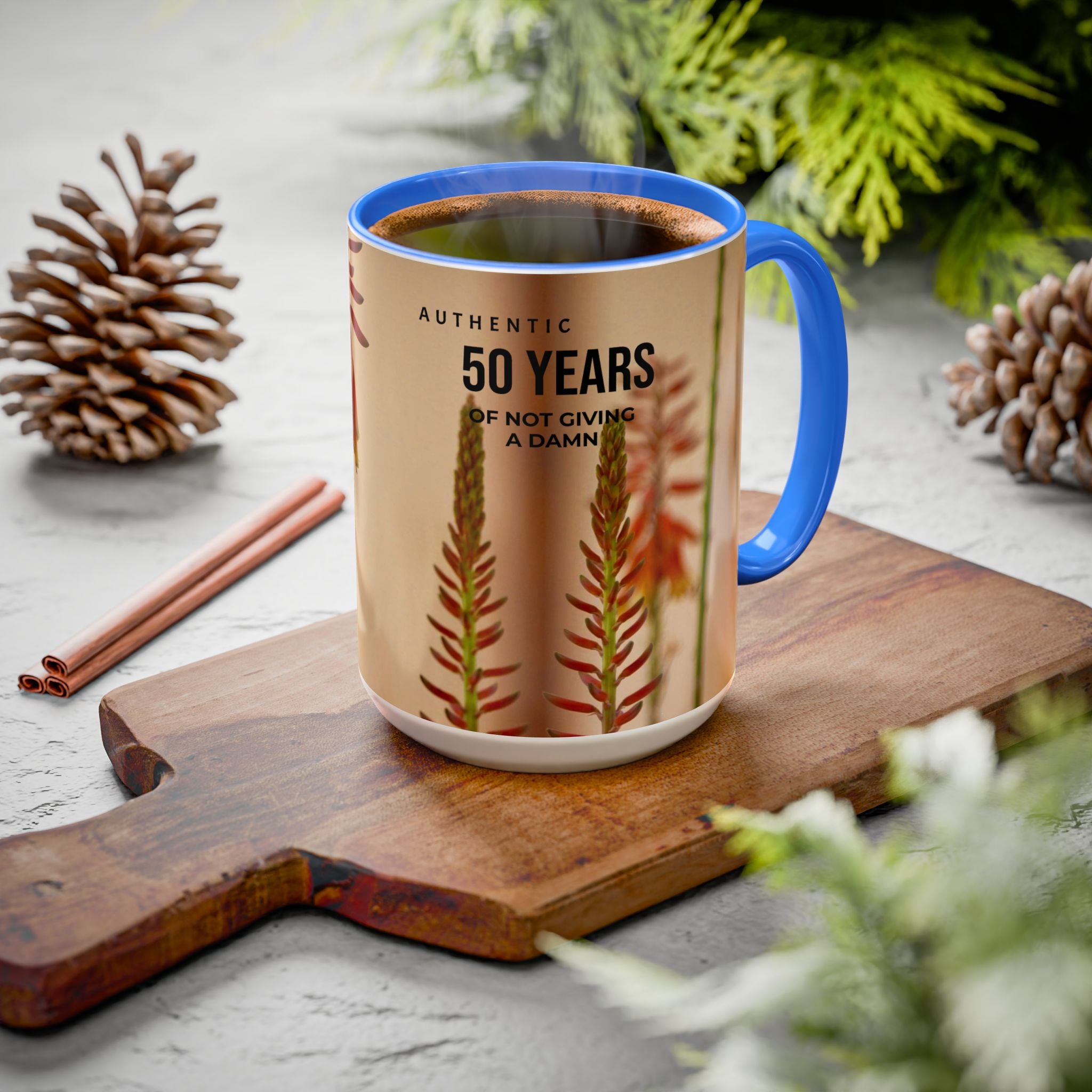 50 Years of Not Giving a Damn Mug — Vintage Floral Hummingbird Coffee Cup (11oz, 15oz)