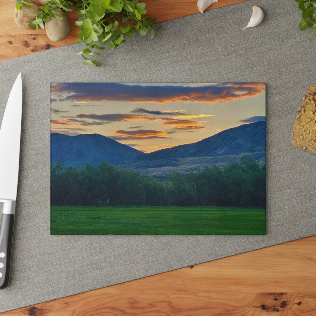 Sunset Valley Glass Cutting Board — Scenic Mountain Landscape Kitchen Decor