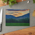 Sunset Valley Glass Cutting Board — Scenic Mountain Landscape Kitchen Decor