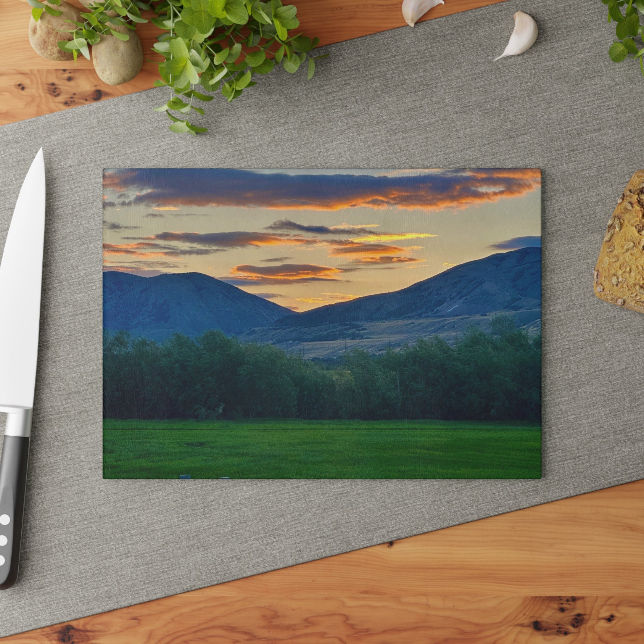 Sunset Valley Glass Cutting Board — Scenic Mountain Landscape Kitchen Decor