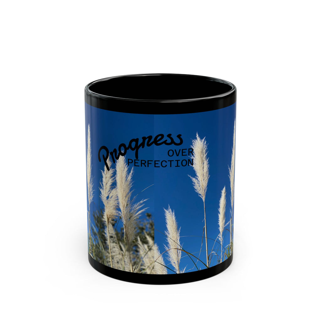 Progress Over Perfection Mug — Motivational Black Coffee Cup with Pampas Grass Design (11oz/15oz)