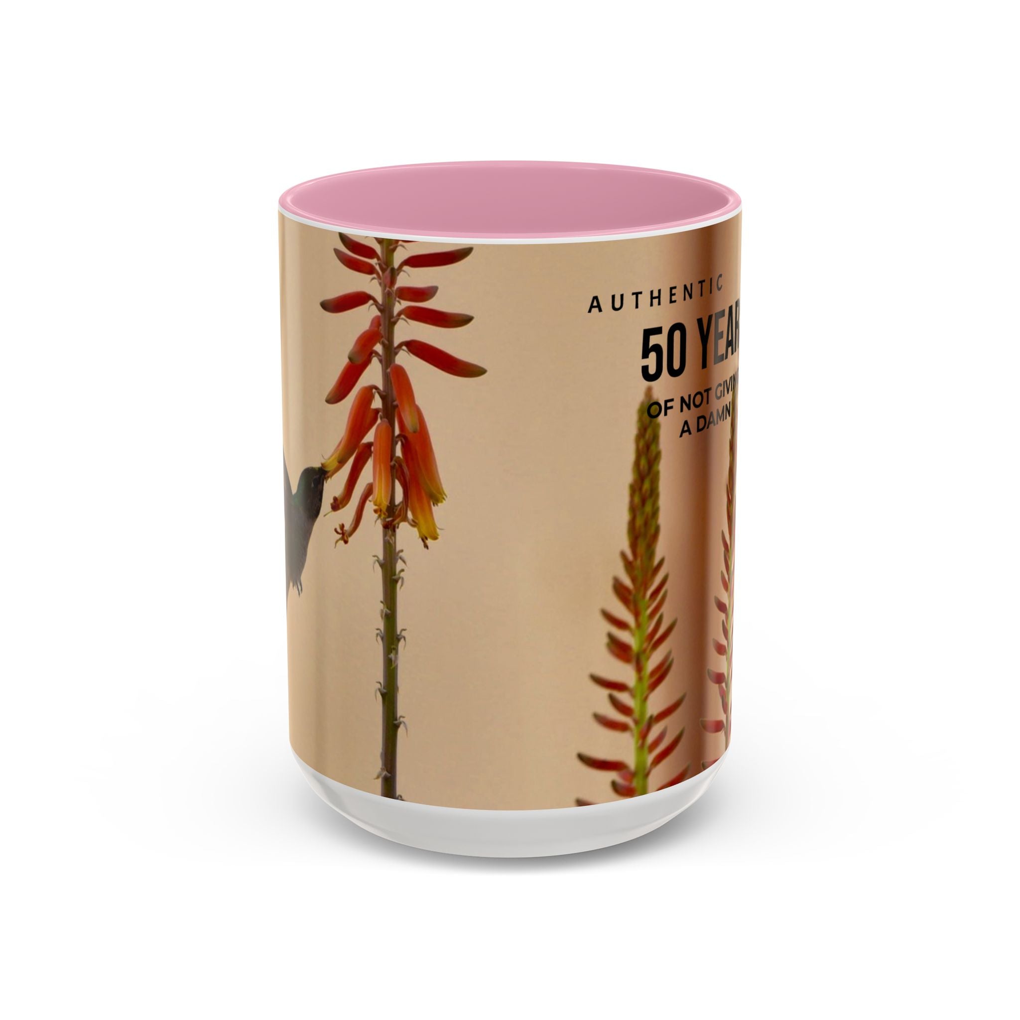 50 Years of Not Giving a Damn Mug — Vintage Floral Hummingbird Coffee Cup (11oz, 15oz)